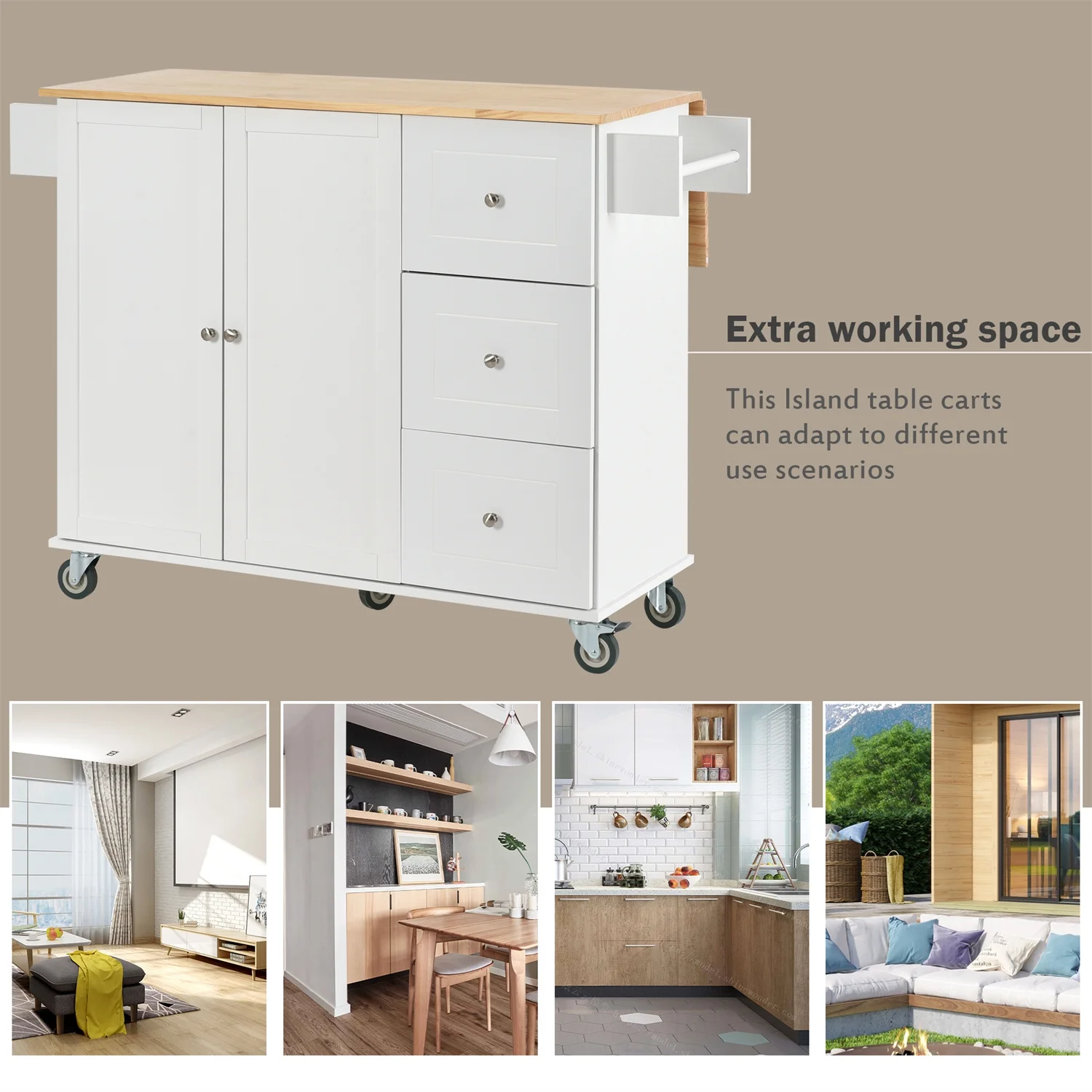 Kitchen Island Cart, Drop Leaf Kitchen Island on Wheels with Spice Rack, Towel Rack and 3 Drawers, Rolling Mobile Kitchen Island with Storage Cabinets and Solid Wood Top, White