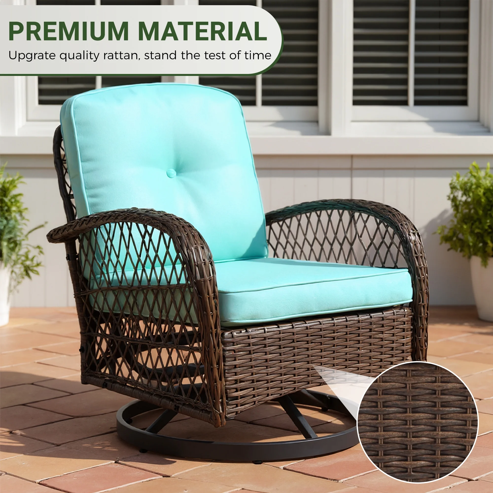 3 Piece Patio Swivel Rocker Chairs Set, 2 360-Degree Swivel Rocking Chairs with 1 Glass Top Table, PE Rattan Outdoor Bistro Set with Cushions for Balcony Deck Poolside Backyard Porch - Image 25