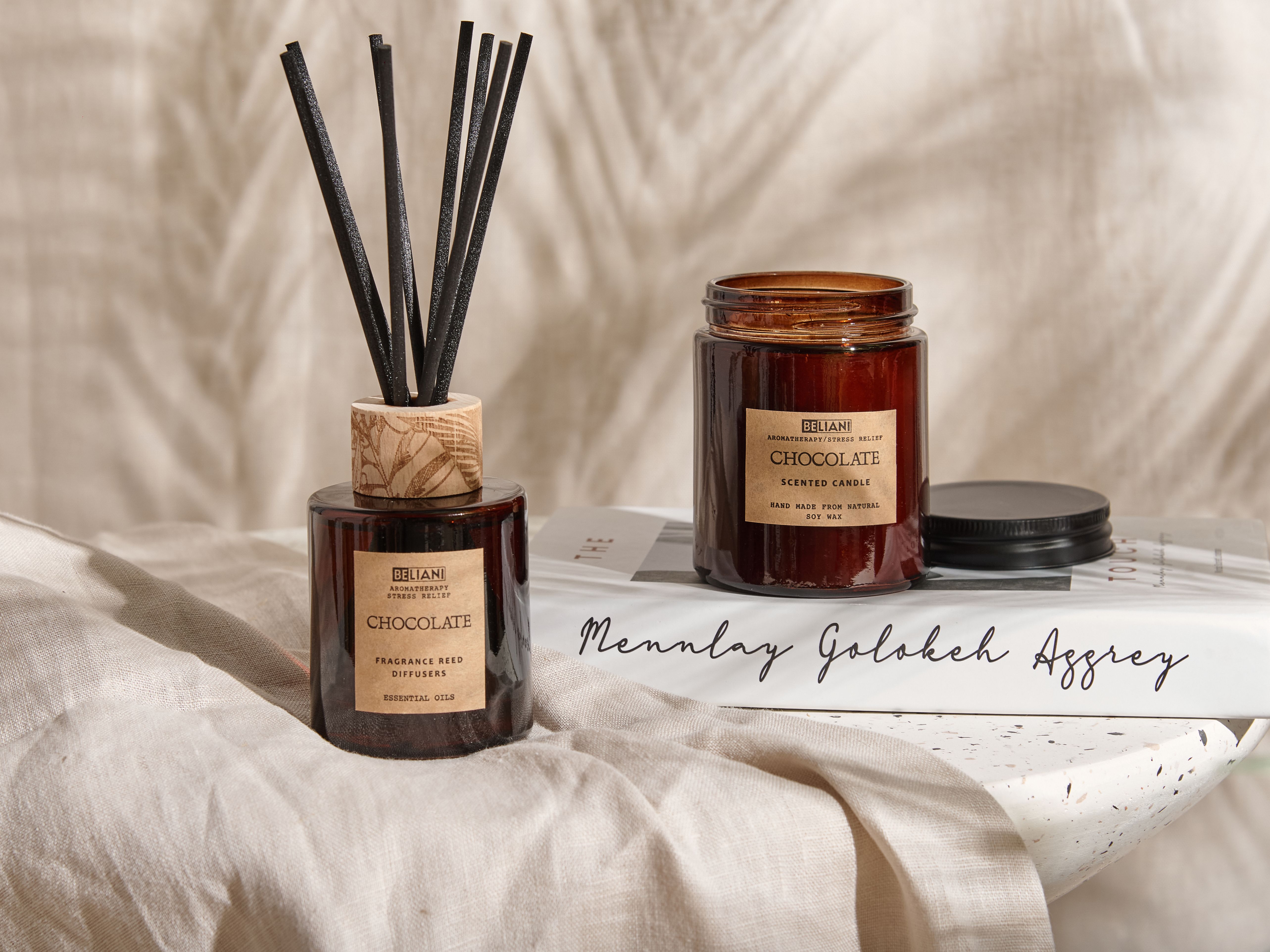 Scented Candle with Fragrance Reed Diffuser DARK ELEGANCE 9 cm Brown