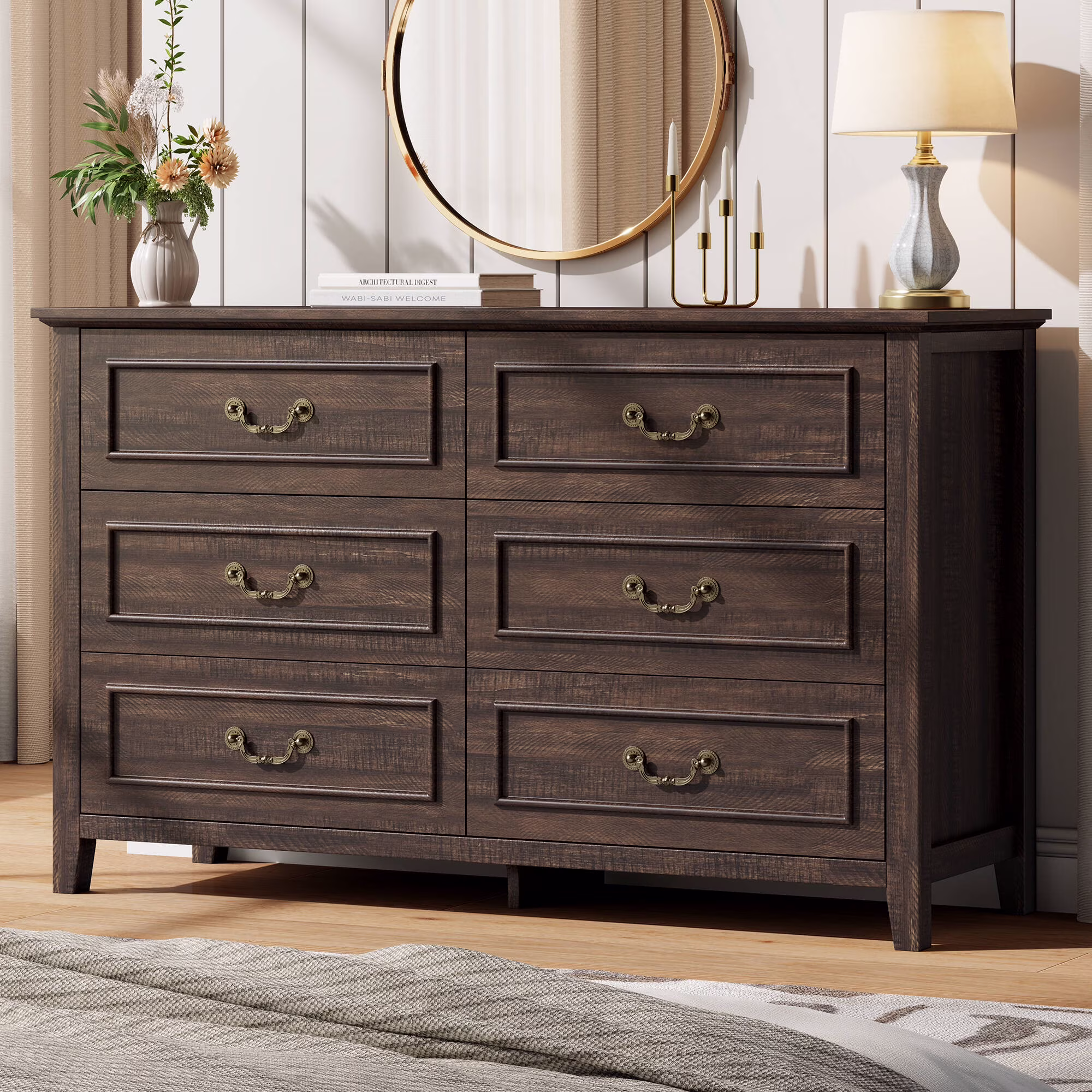 LainTene Dresser for Bedroom, Farmhouse White Dresser with Antique Handles, Vintage 6 Drawers Dresser, Chest of Drawers Storage Cabinet for Living Room, Entryway - Image 4