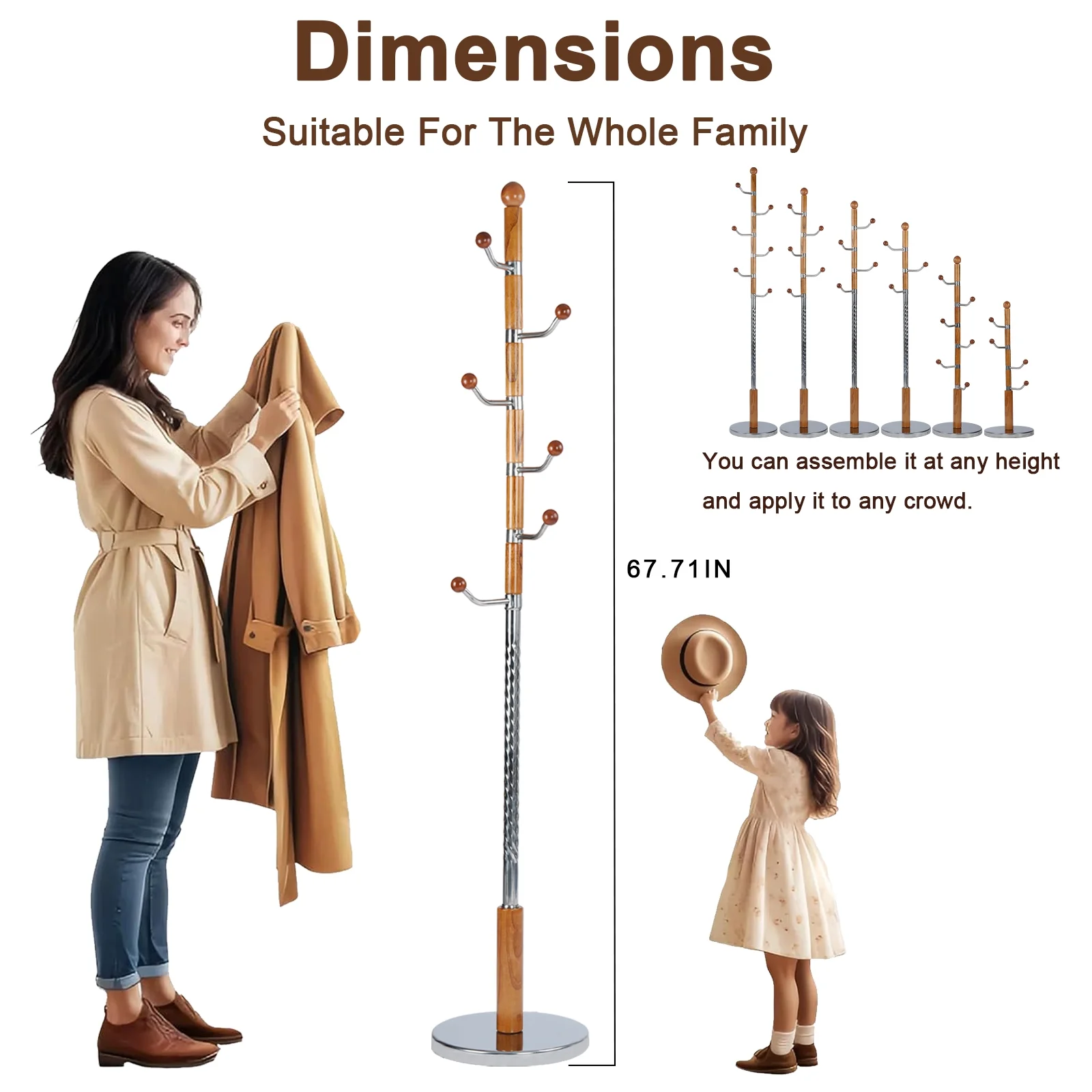 Coat Rack Freestanding, Hall Tree with 11 Hooks, Heavy Duty Wooden Coat Tree Stand, Adjustable Height, Sturdy Base for Bedroom Hallway Office - Load 270lbs - Image 37