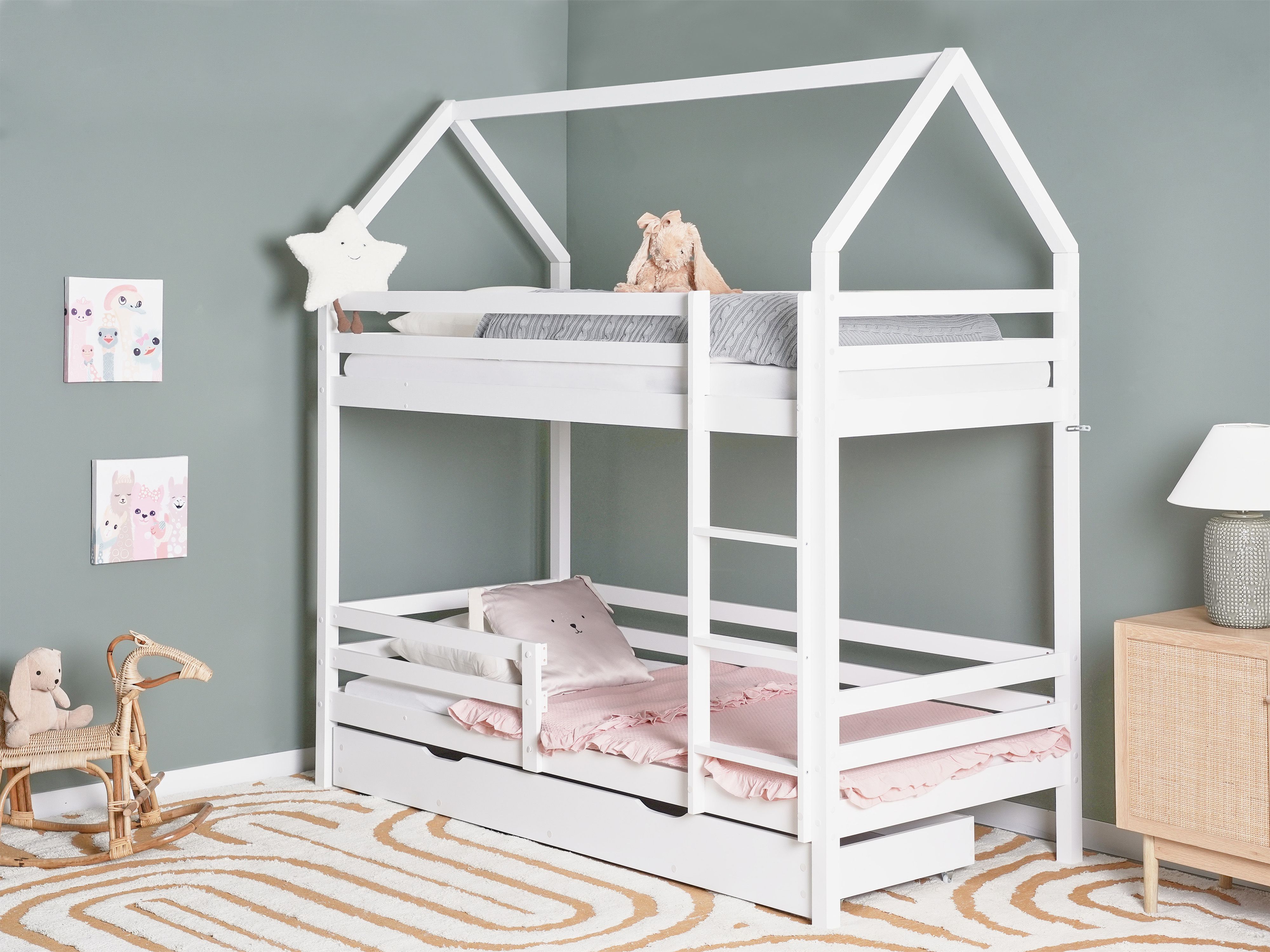Bunk Bed with Drawers House Pine Wood GIRGOLS 90 x 200 cm (EU Single) with Storage White
