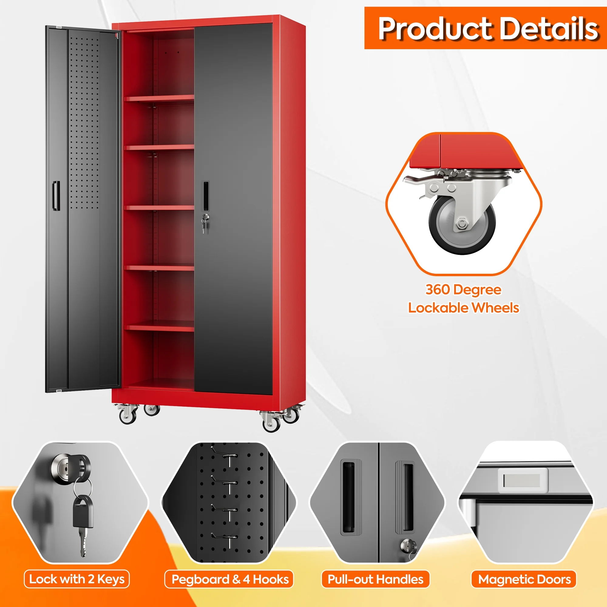 GangMei 71 inches Tall Metal Rolling Garage Storage Cabinets with Locking Doors and 5 Adjustable Shelves, Metal Storage Cabinet for Garage, Office, Home, Classroom, Assemble Required(Black) - Image 29