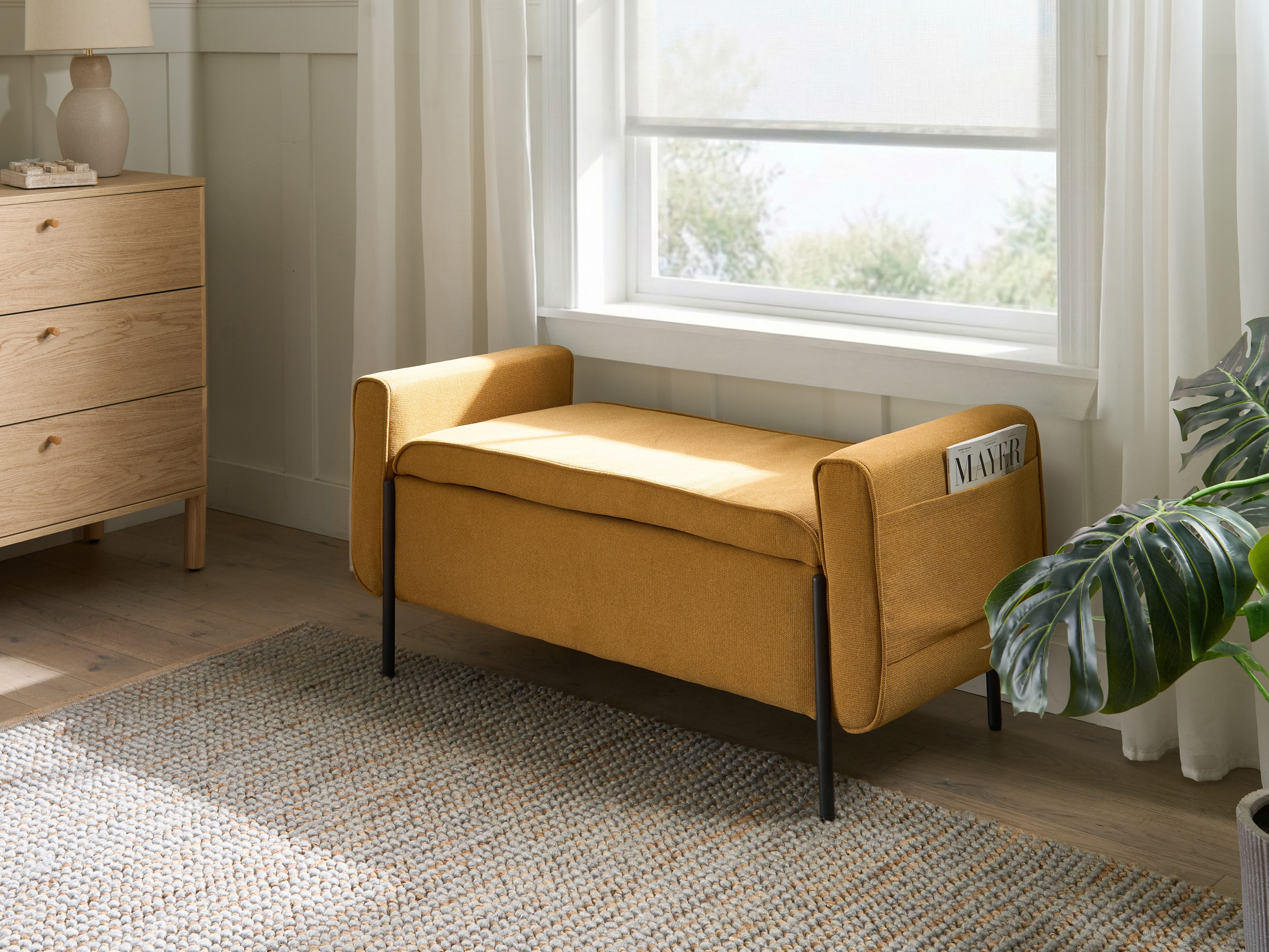 Upholstered Storage Bench LEWES Fabric Mustard