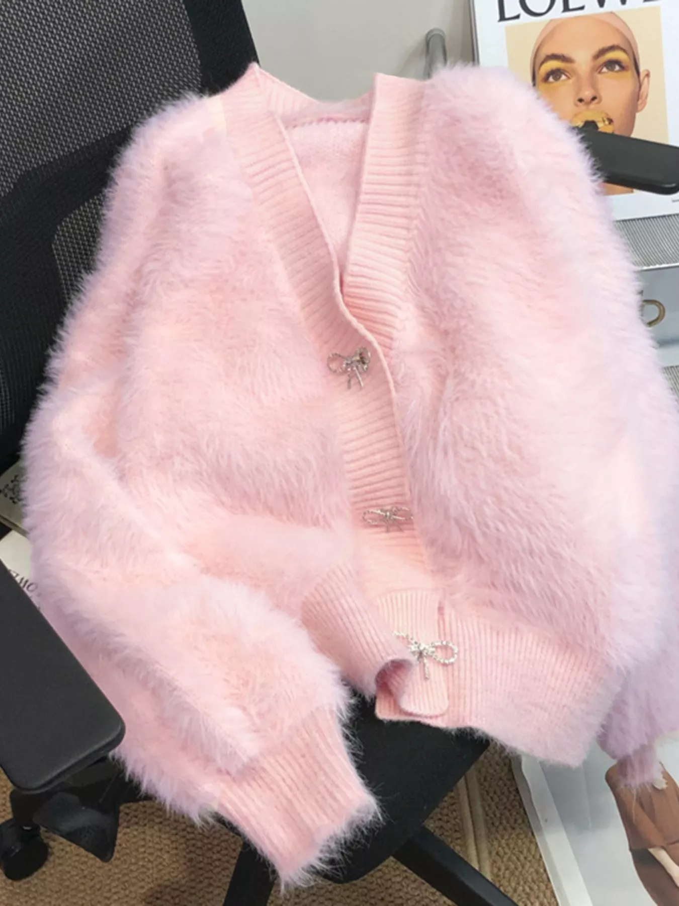 Fuzzy Bow Button Up Cardigan - ZKZOOK