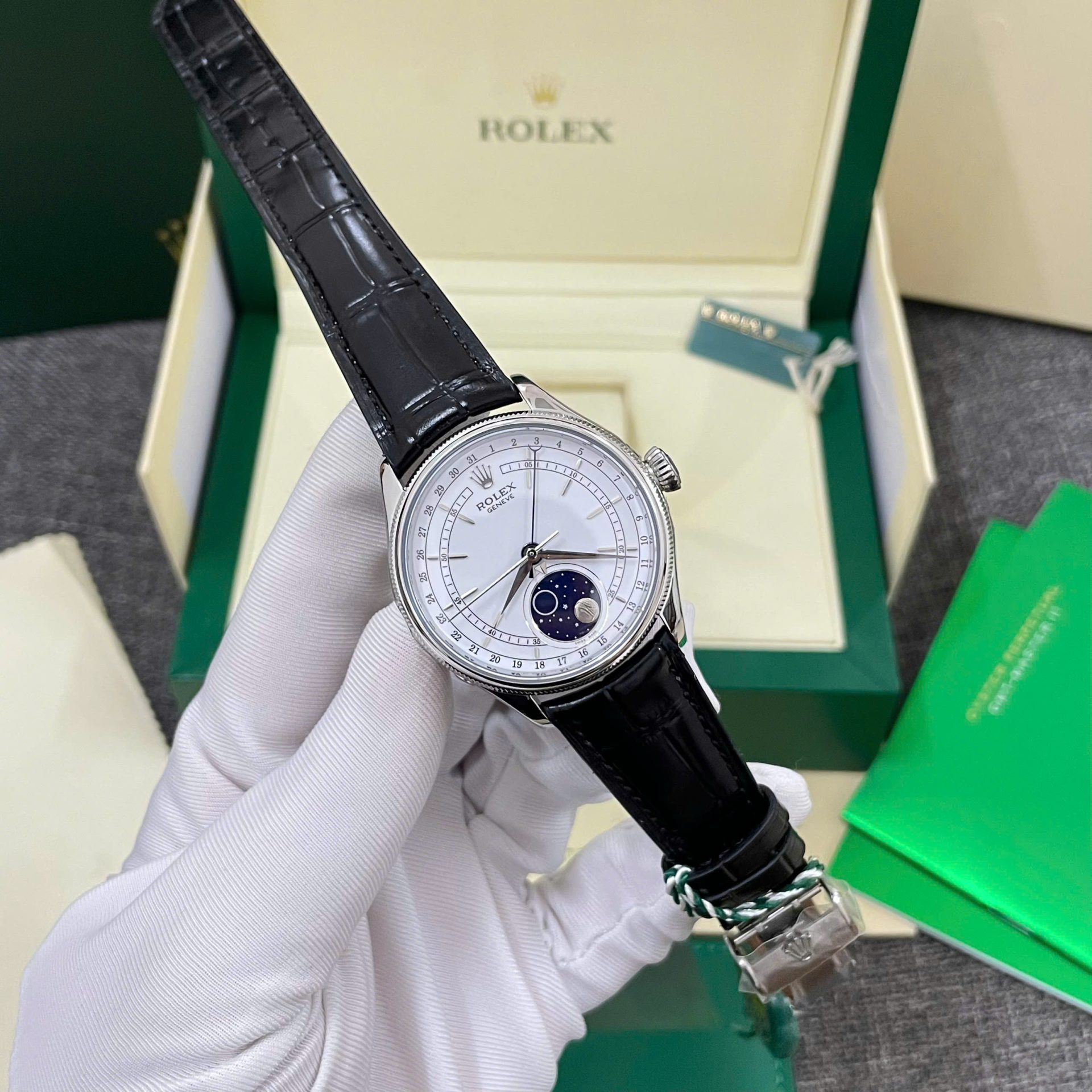 Rolex High End Watch Replicas Cellini Moonphase White Dial Leather Strap 39mm - Top club