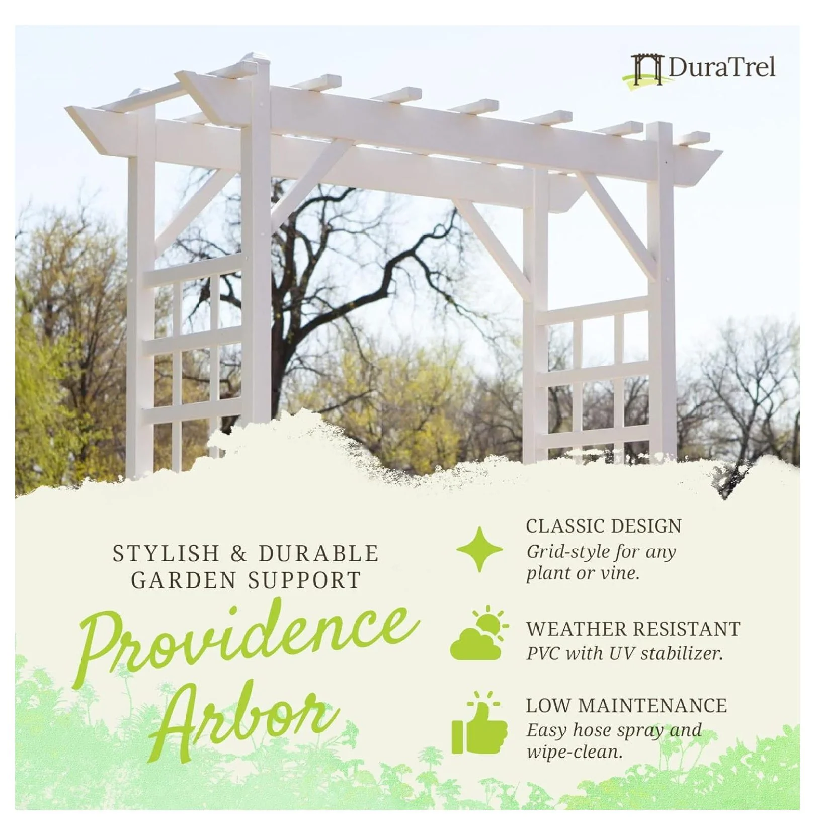 Dura-Trel PVC Garden Arbor, Arch Support for Climbing Plants, Providence, White, 64