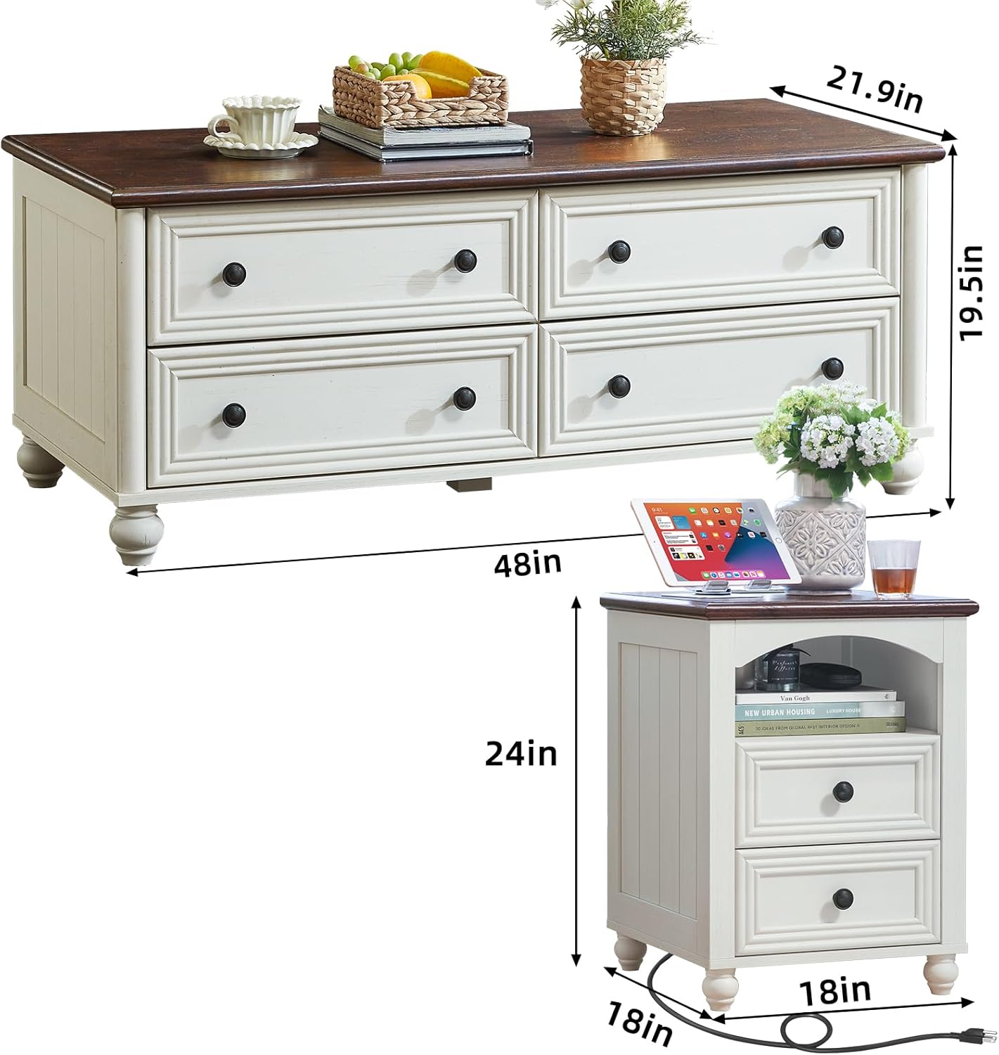 Farmhouse Coffee Table and Night Stand Set of 3,Wood 48