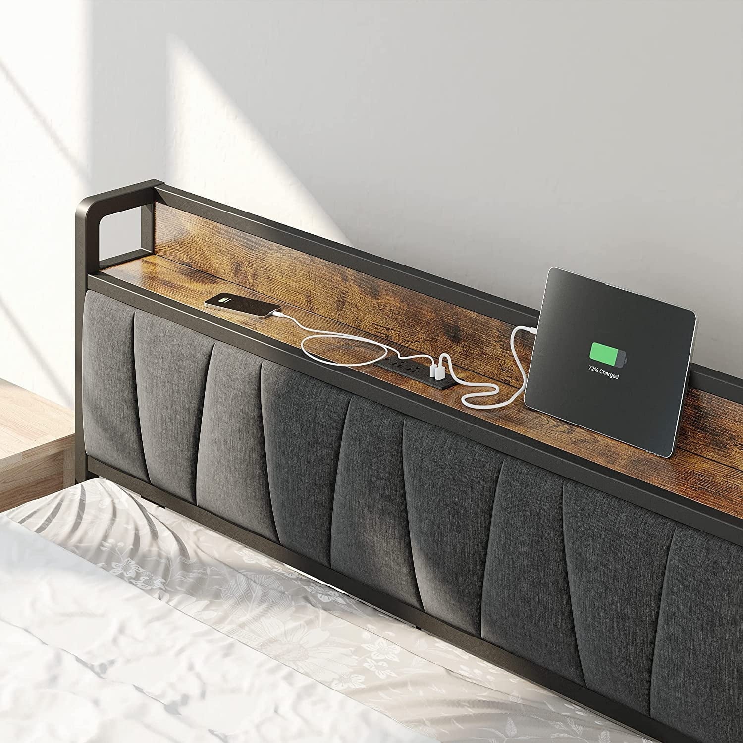 LIKIMIO King Metal Bed Frame with Storage Headboard and Outlets, Sturdy for Adults, Vintage and Gray