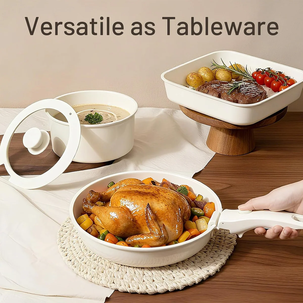 17-Piece White Nonstick Cookware Set with Removable Handles