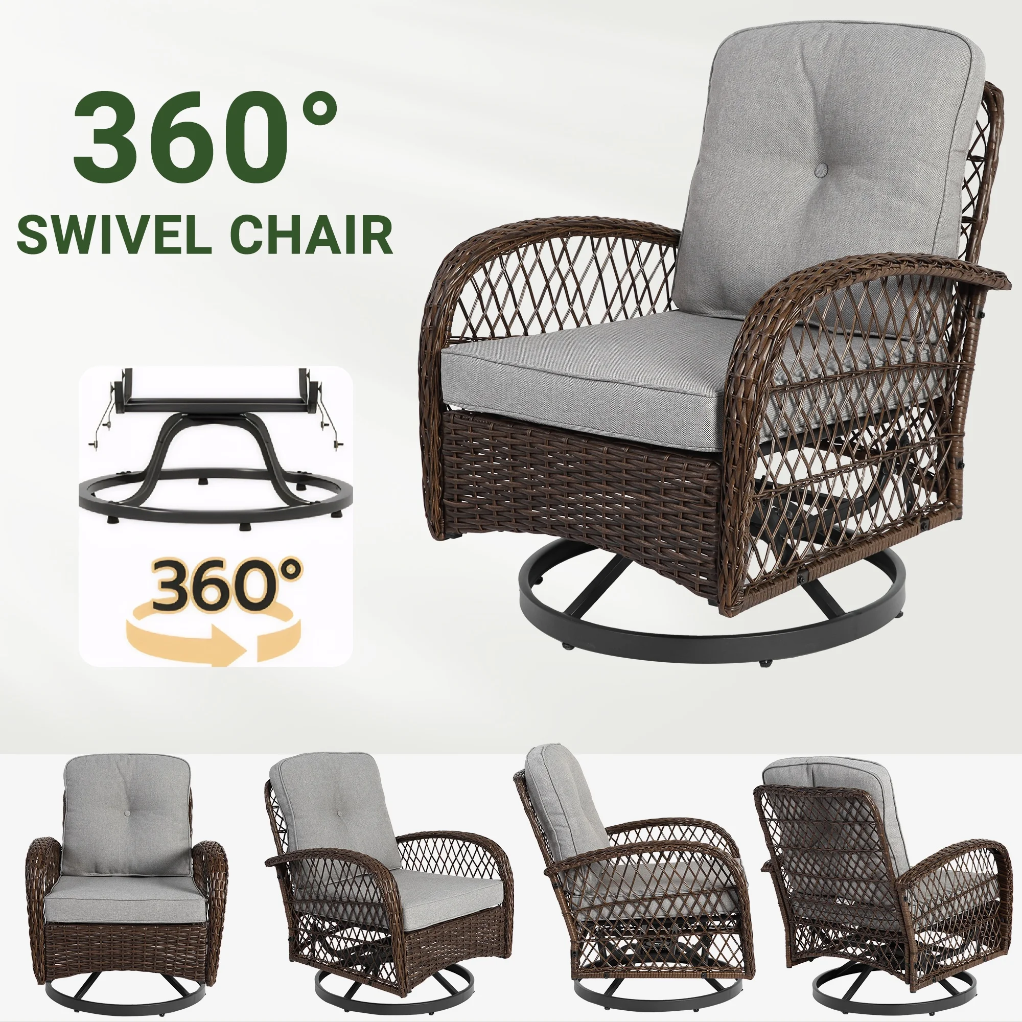 3 Piece Patio Swivel Rocker Chairs Set, 2 360-Degree Swivel Rocking Chairs with 1 Glass Top Table, PE Rattan Outdoor Bistro Set with Cushions for Balcony Deck Poolside Backyard Porch - Image 29