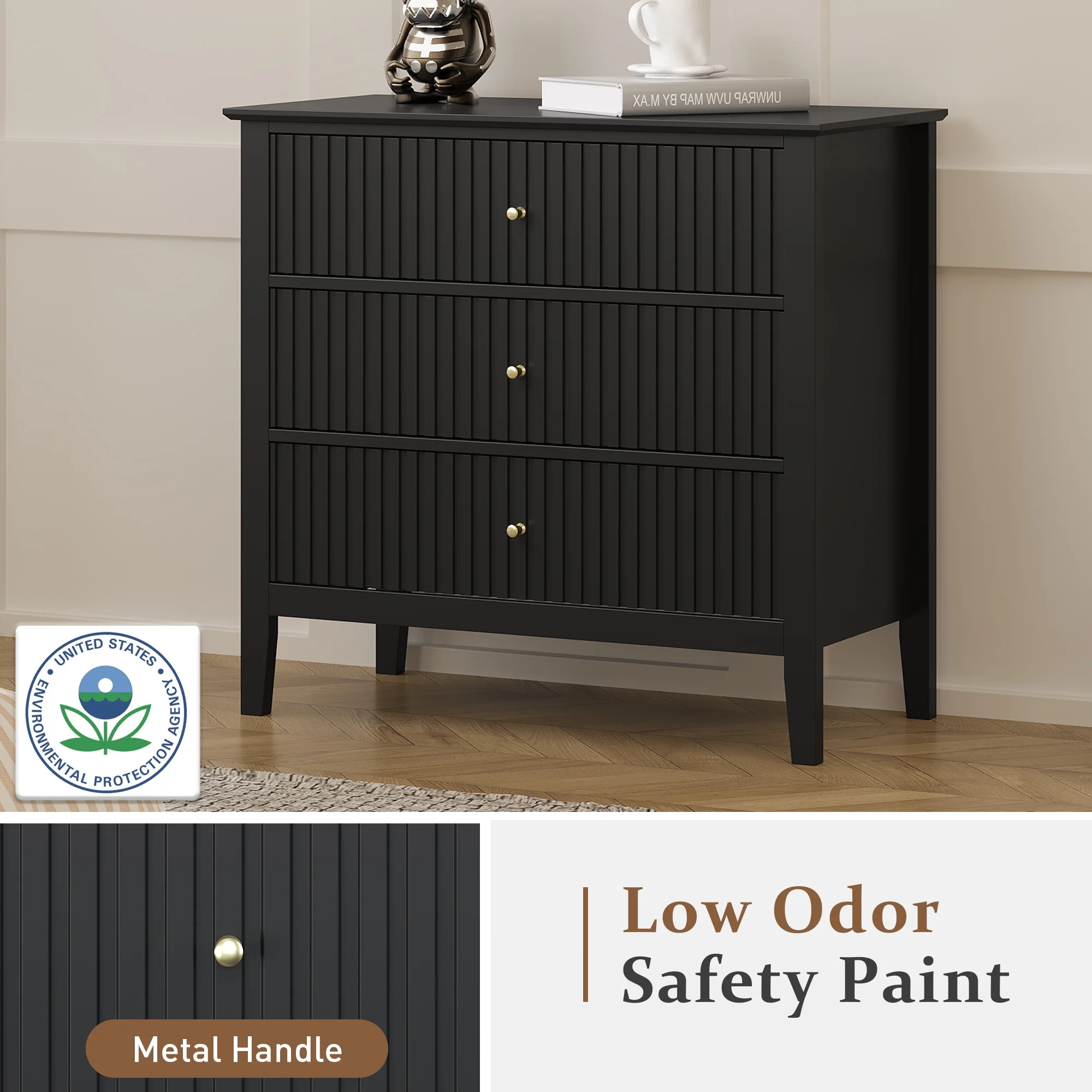 May Color Large White 3 Drawer Dresser Set of 2 with Fluted Panel, Modern Chest of Drawers with Silent Slide Drawers, Wood Accent Nightstand with Storage for Bedroom Living Room, Hallway - Image 39