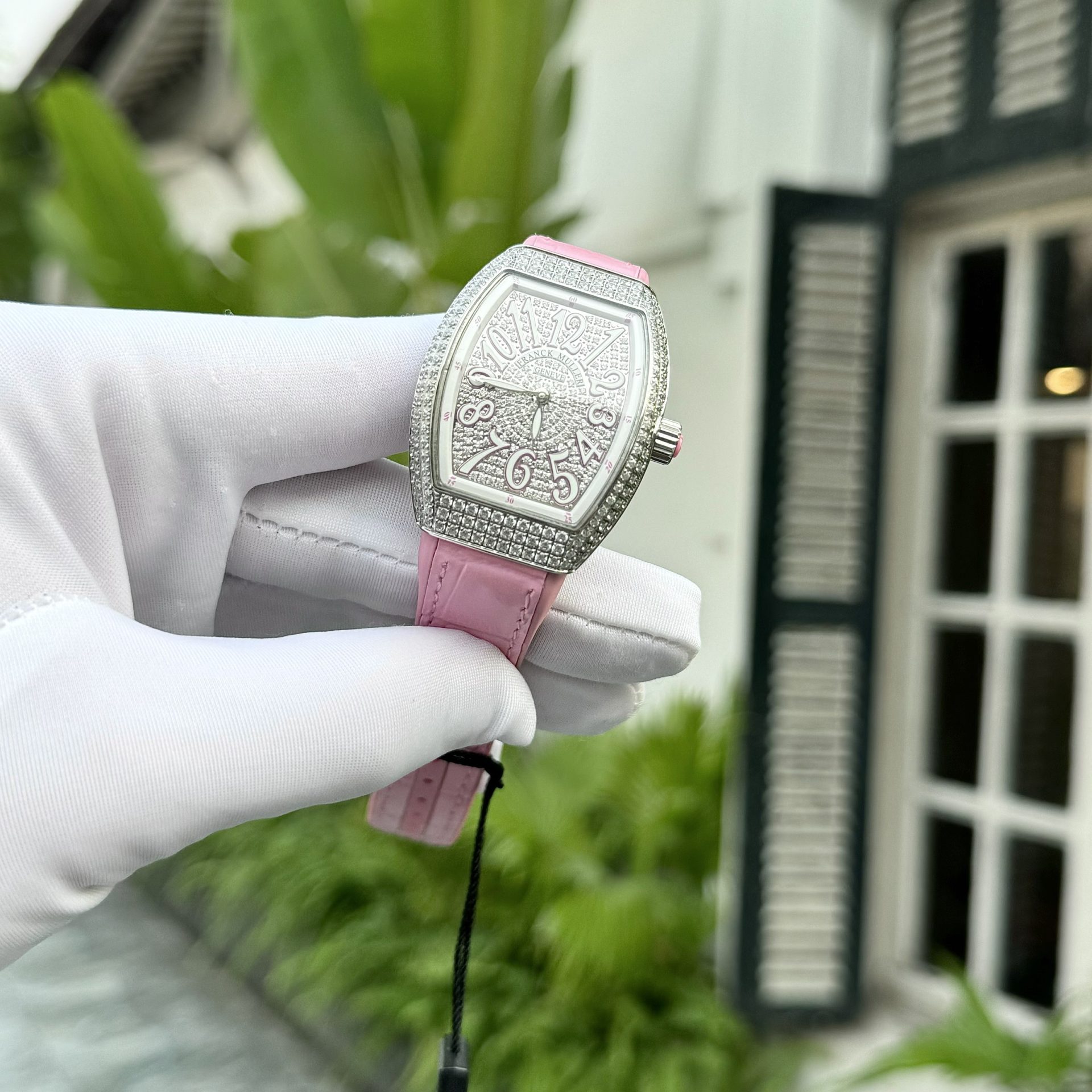 Franck Muller Replica 1:1 Watch V32 With Full Diamonds Pink Rubber Strap ABF Factory 32x40mm - Elite Watch Atelier