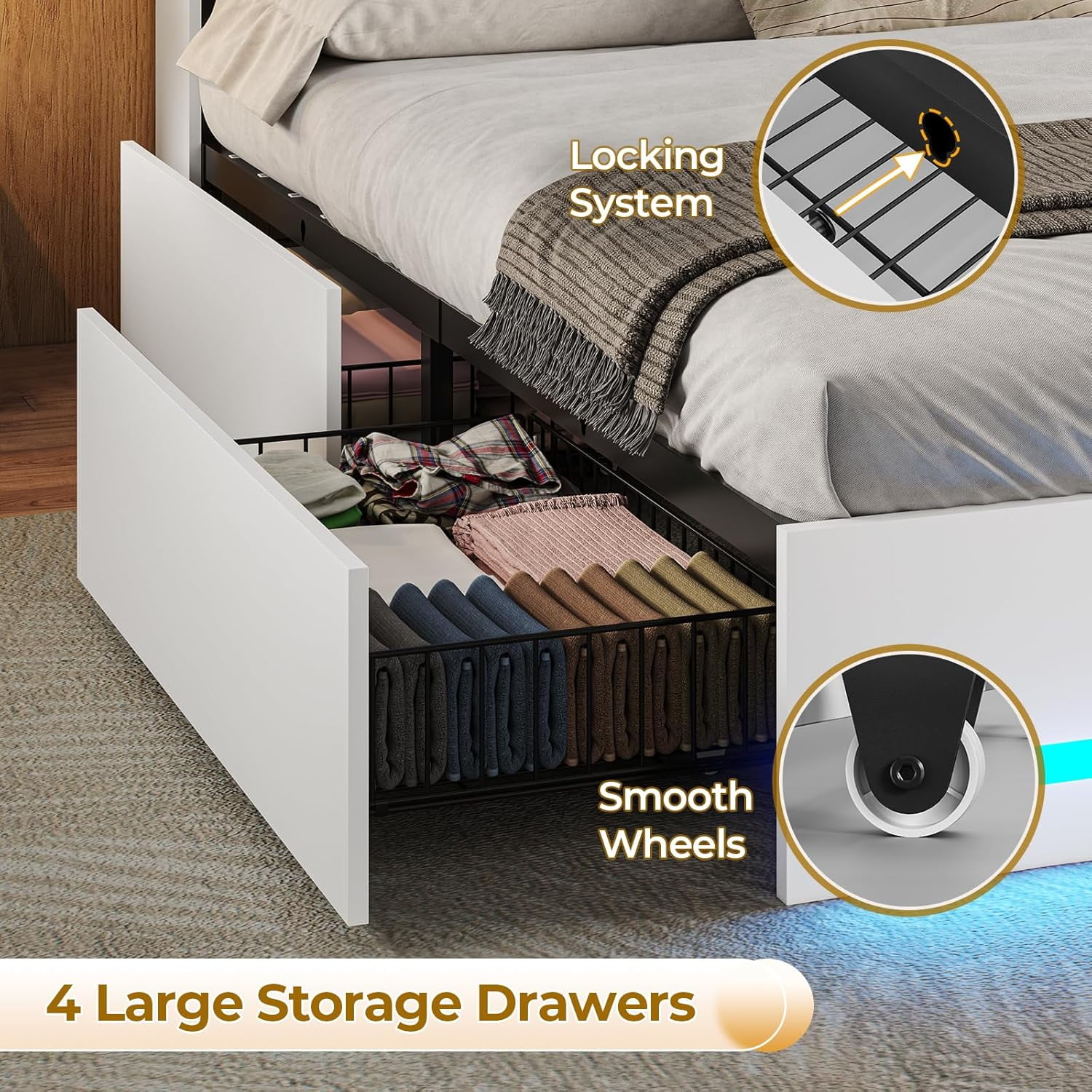 AOGLLATI Upholstered Platform Twin Bed with 4 Storage Drawers & Charging Station & LED Lights, Black - Image 11