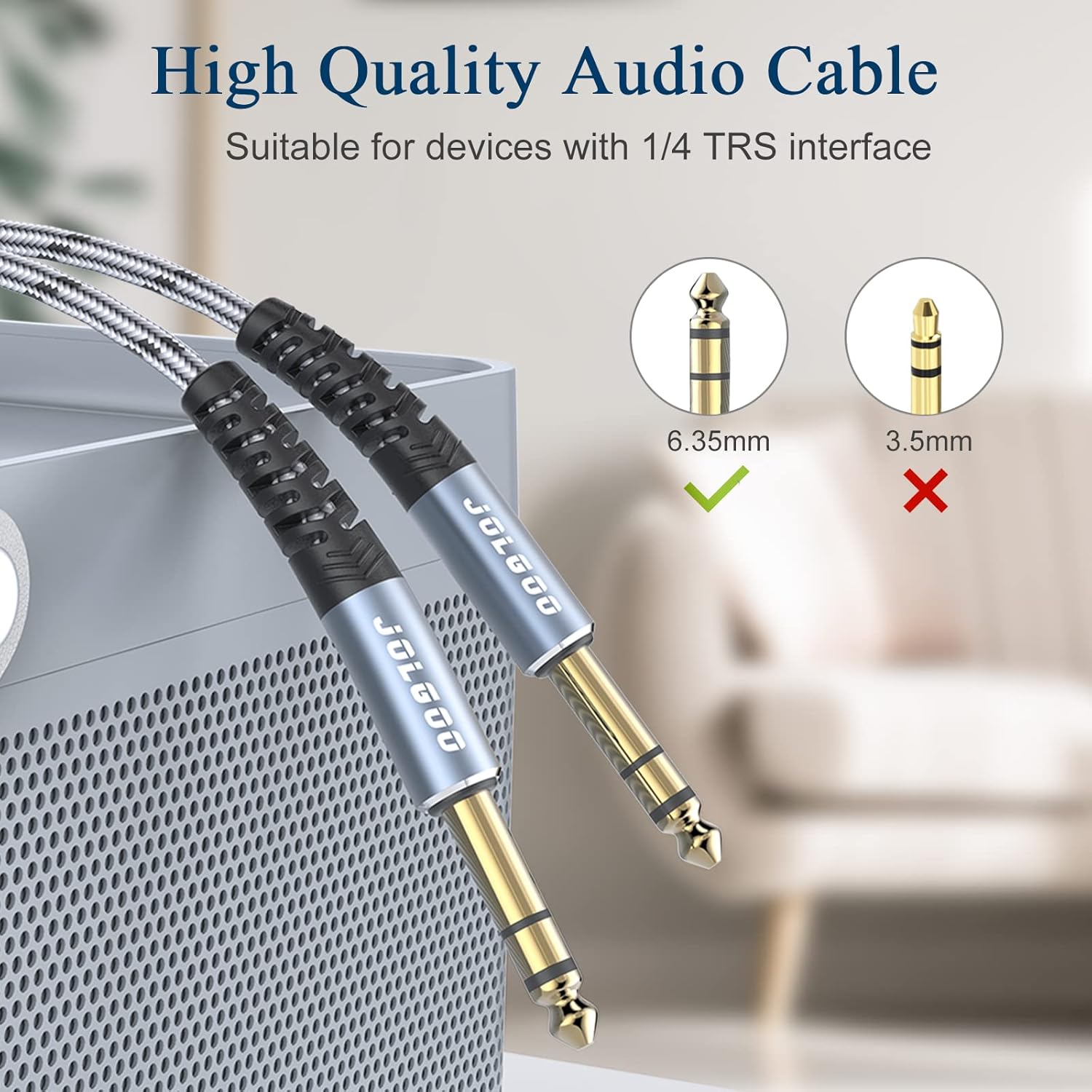 JOLGOO 1/4 Inch TRS Cable 10ft 2-Pack, 1/4 Inch Guitar Cable 10 Ft, 6.35 Balanced Interconnect Line for Electric Guitar, Bass, Keyboard, Mixer, Amplifier, Speaker, Electric Mandolin, pro Audio