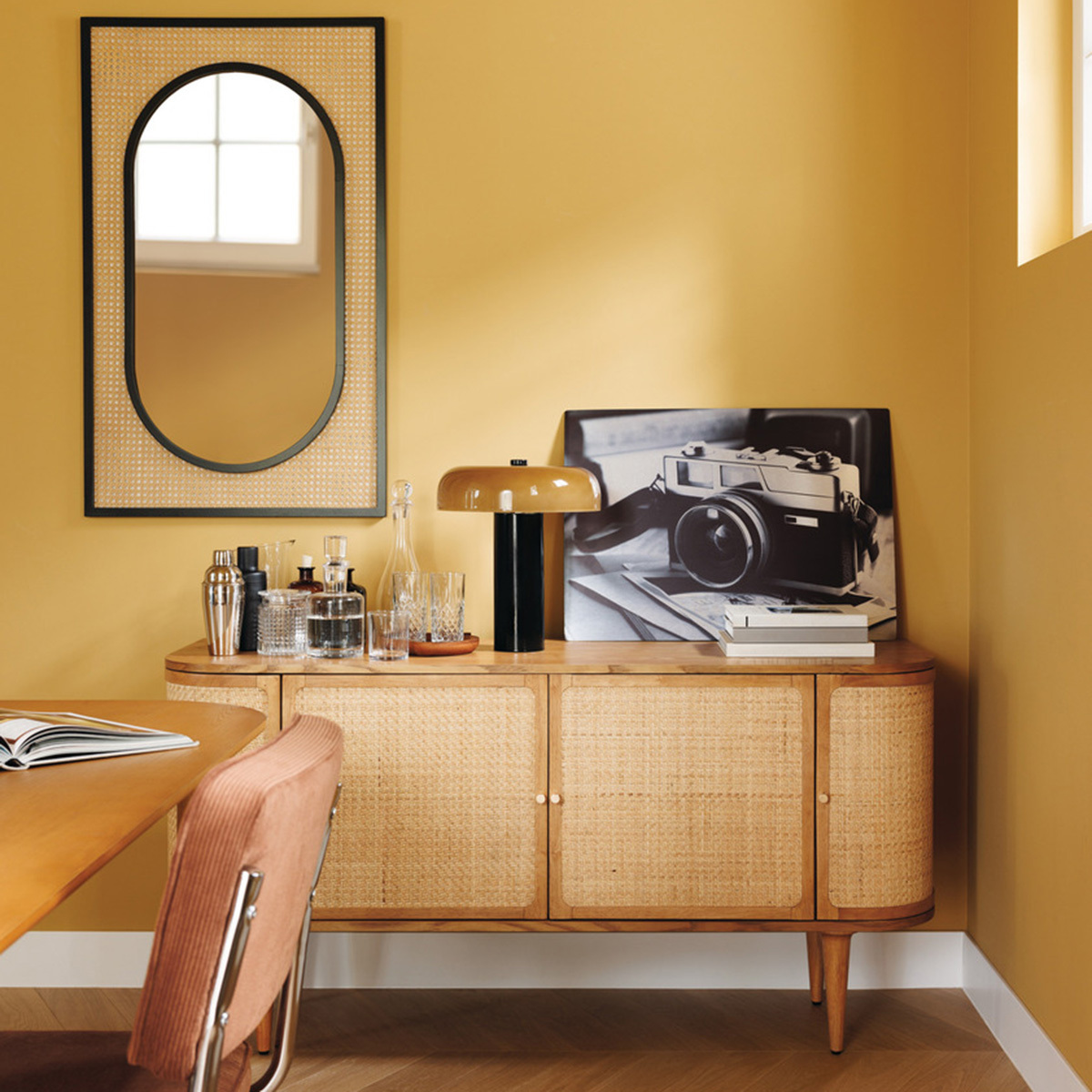 4-door sideboard "Kisco" Rubber tree wood, Rattan, 150x75 cm