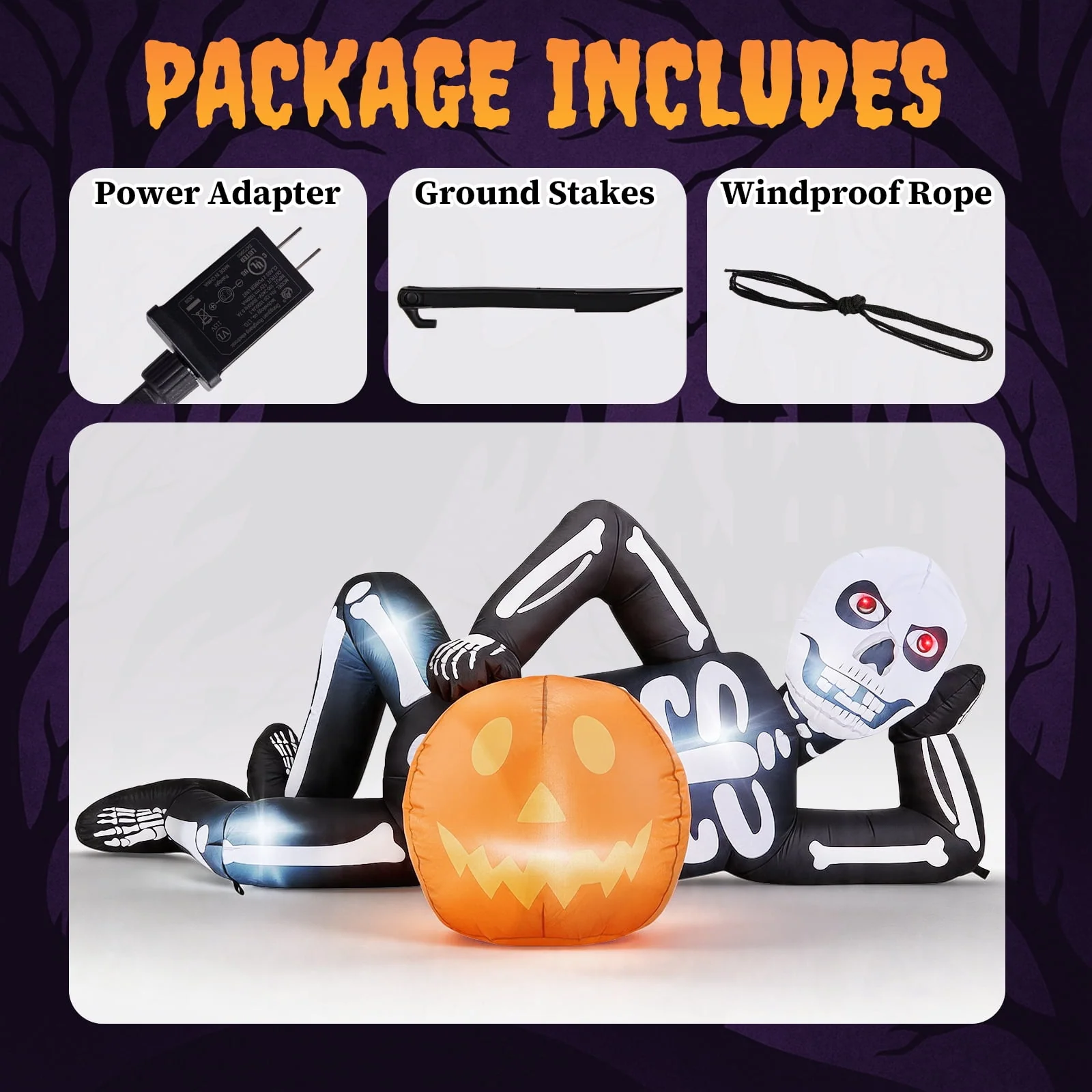 Ktaxon 7' Halloween Inflatables Skeleton Outdoor Halloween Decoration Reclining Skeleton with Pumpkin,Built-In LED Lights - Image 9 Ktaxon 7' Halloween Inflatables Skeleton Outdoor Halloween Decoration Reclining Skeleton with Pumpkin,Built-In LED Lights - Image 9