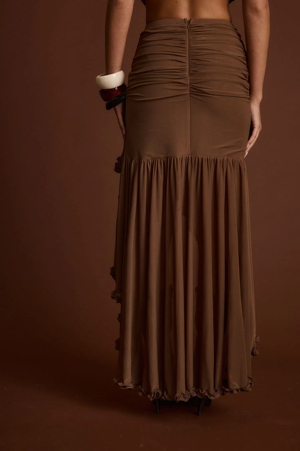 Evanna Brown High Low Ruffle Mesh Maxi Skirt