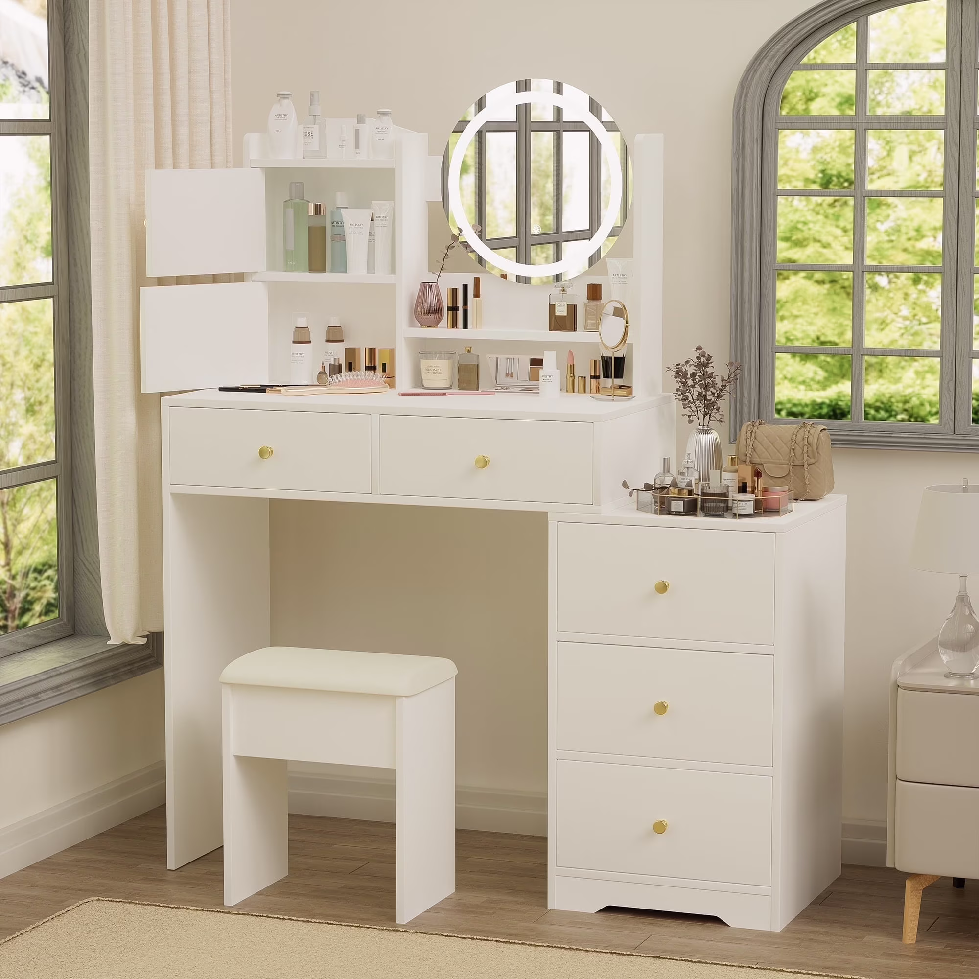 Montary Modern Mini Vanity w/Adjustable LED Mirror + Hidden Storage, Padded Stool & Dustproof Shelves (White) - Image 13