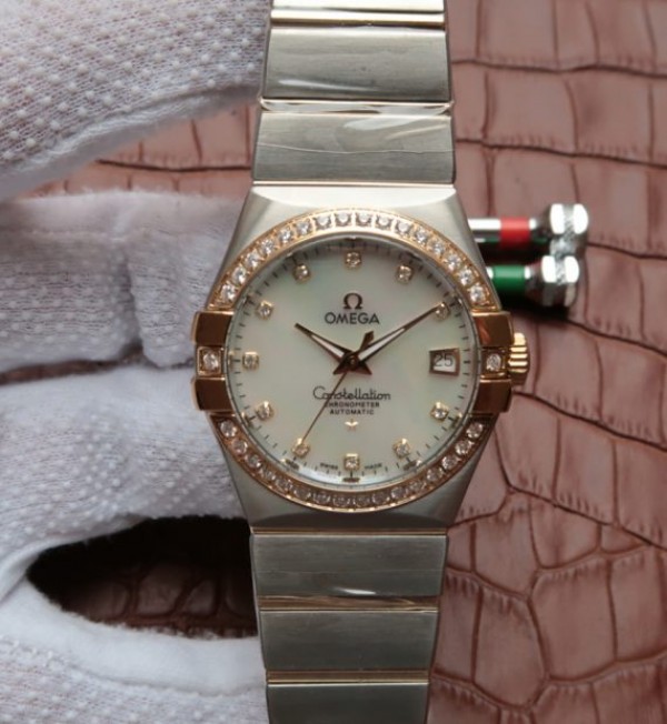 Replica Omega V6 Constellation 35mm White MOP Dial Diamonds Bezel SS Bracelet A2500 - Elite Watch Atelier