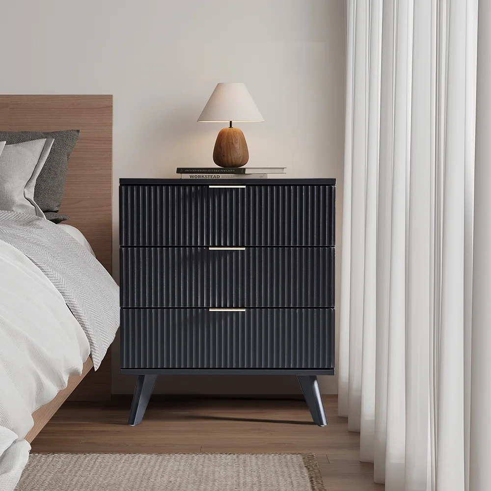 YOCWO Fluted Nightstand for Bedroom Set of 2 , Wood Bedside Table Set of 2 with Drawers, Black - Image 101