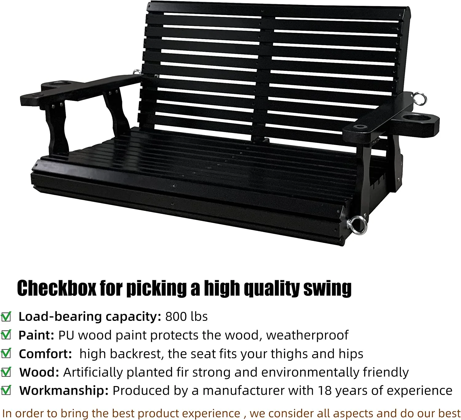 Fortune Candy 3 Person Outdoor Wood Hanging Swing, Heavy Duty 880 lbs Wood Porch Swing, Brown-5ft - Image 30