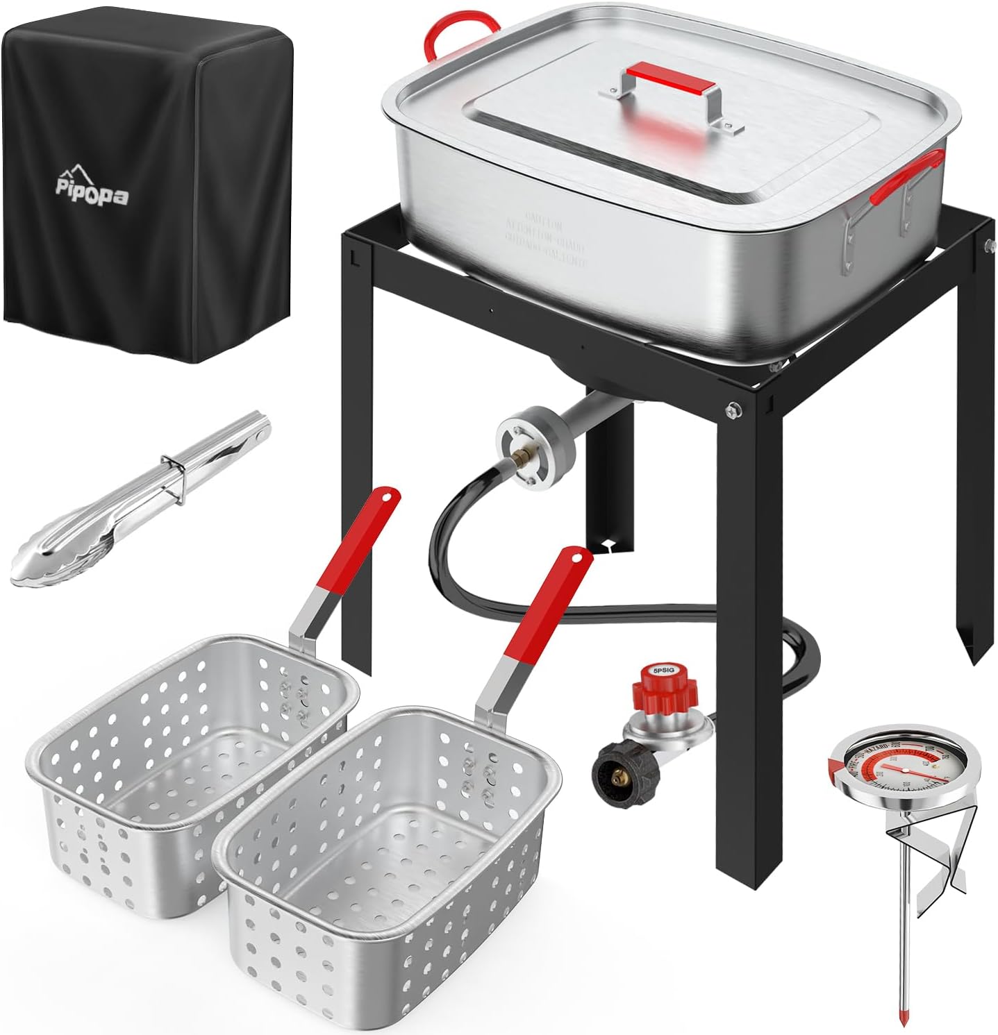 18QT Outdoor Propane Fish Fryer | 50,000 BTU Propane Deep Fryer | Includes 2 Baskets | Lid | Cover | 9