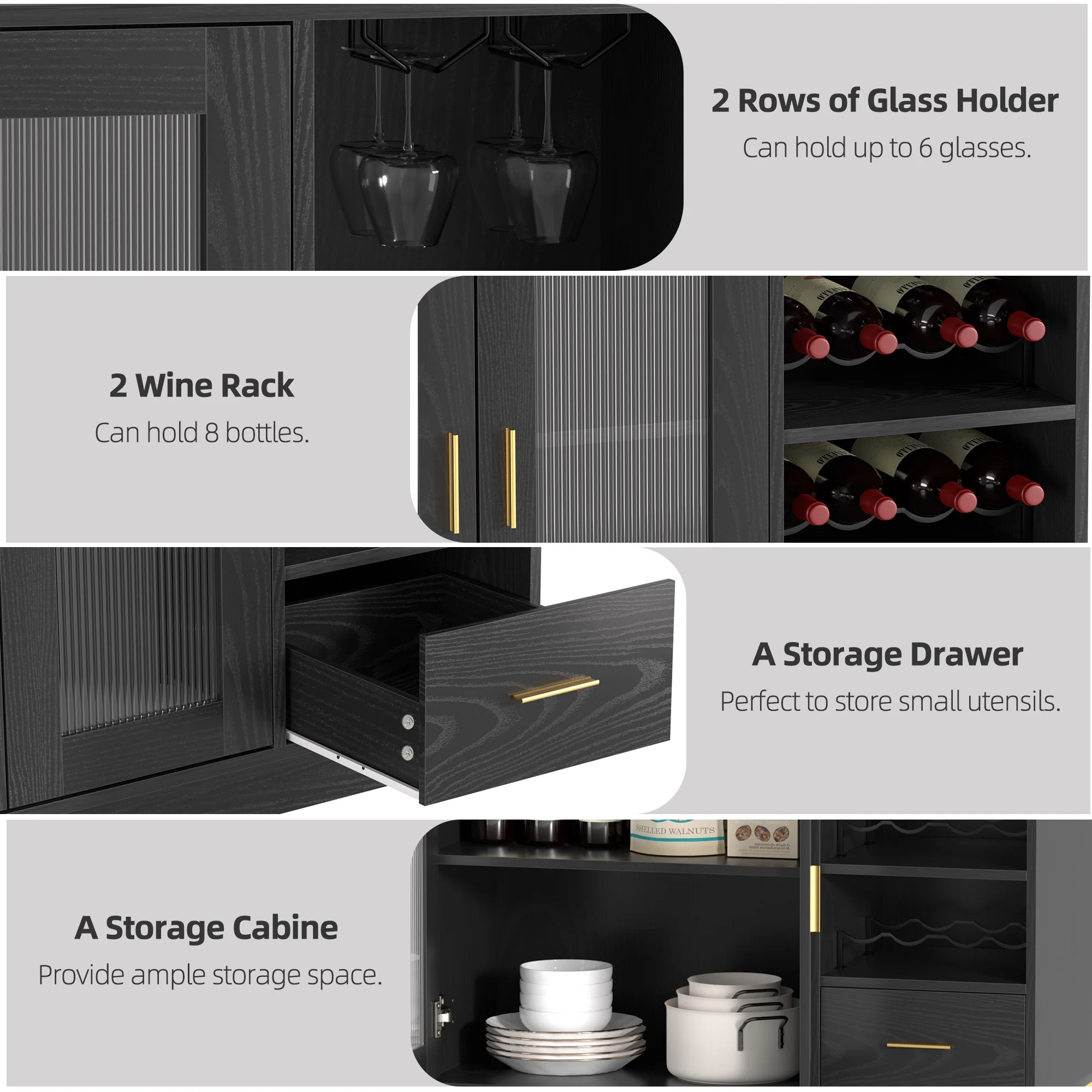 SNYNUXX Wine Bar Cabinet with LED Lights, Floating Coffee Bar Cabinet with Wine and Glass Rack, Kitchen Buffet Sideboard with Glass Doors and Drawers for Dining Room, Black