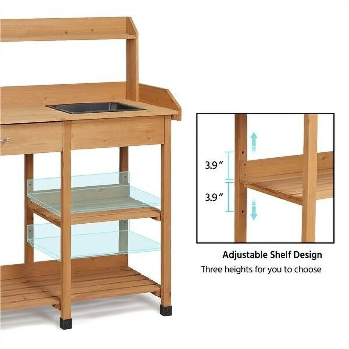 Veado Potting Bench With Sink, Drawer, Rack And Shelves, 45.2 x 17.7 x 47.6 in - Natural Wood - Image 9 Veado Potting Bench With Sink, Drawer, Rack And Shelves, 45.2 x 17.7 x 47.6 in - Natural Wood - Image 9