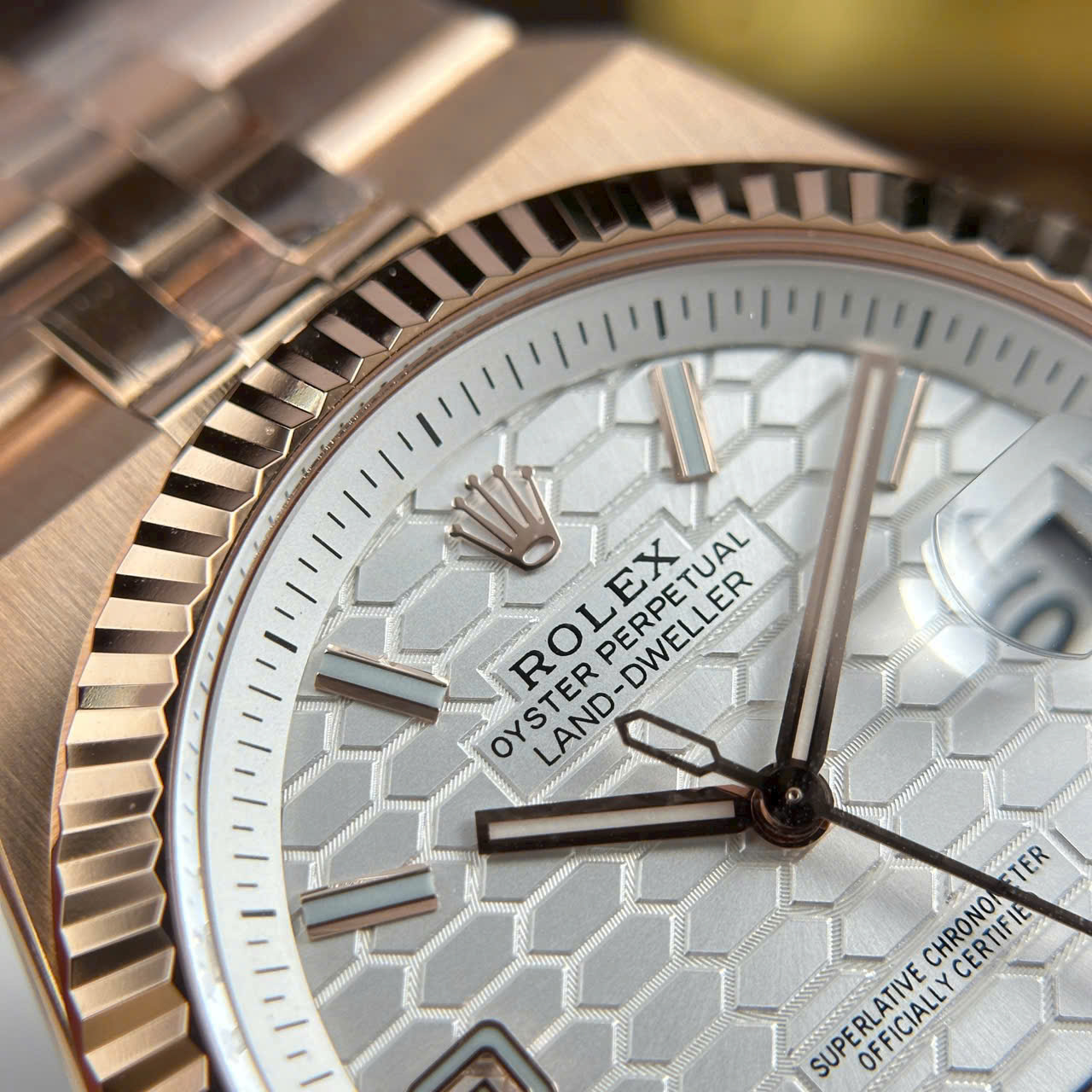 Rolex Land-Dweller 127235 Rose Gold Honeycomb Motif Dial Luxury Fake Watches 40mm - Top club