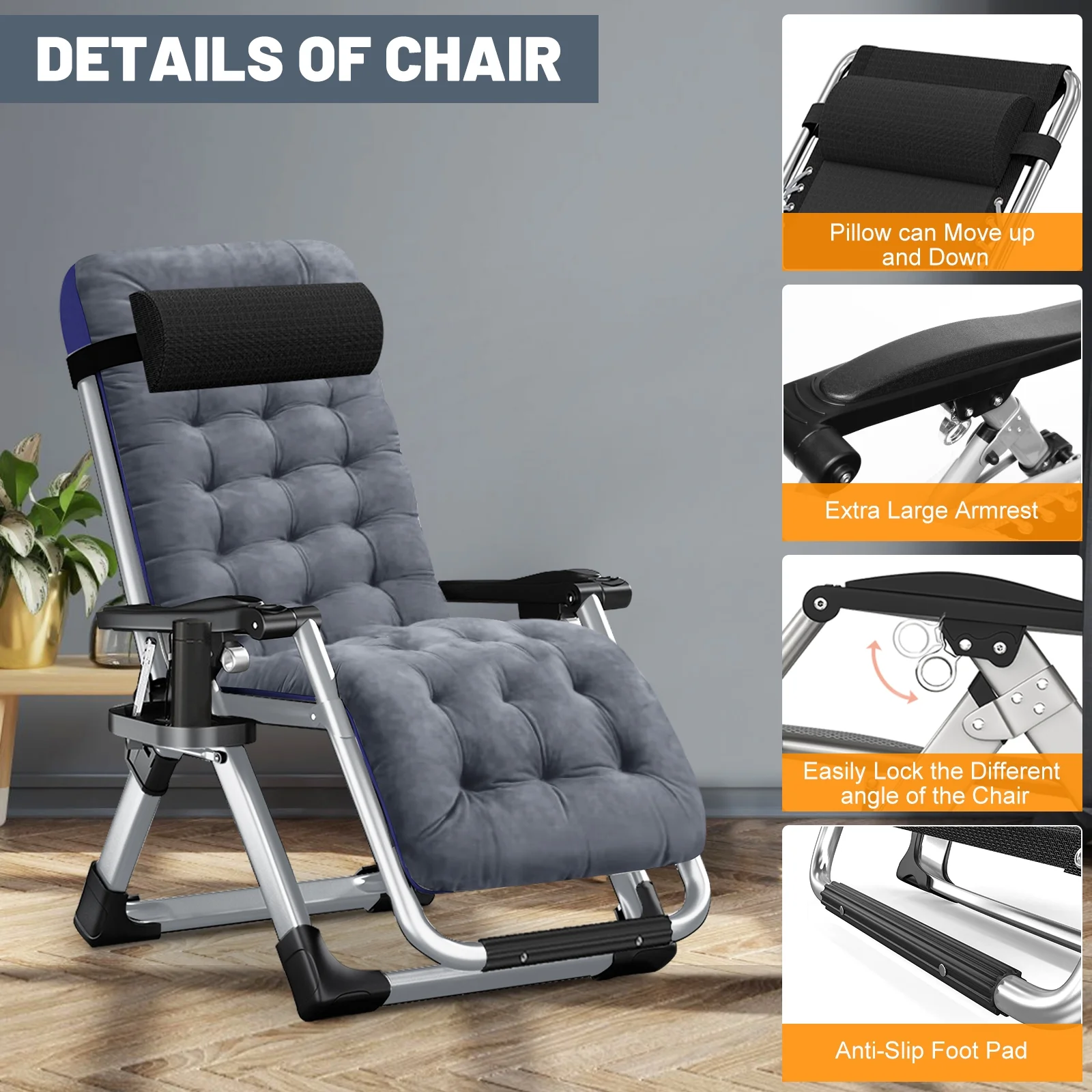 NAIZEA Zero Gravity Chair with Removable Cushion and Cup Holder Black - Image 48