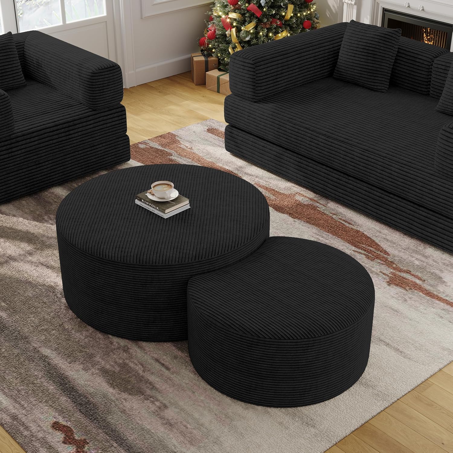 BSHOMGI Nesting Coffee Table Set of 2, Upholstered Round Corduroy Circle Foam Round Side Table for Living Room, Entryway Set, 32