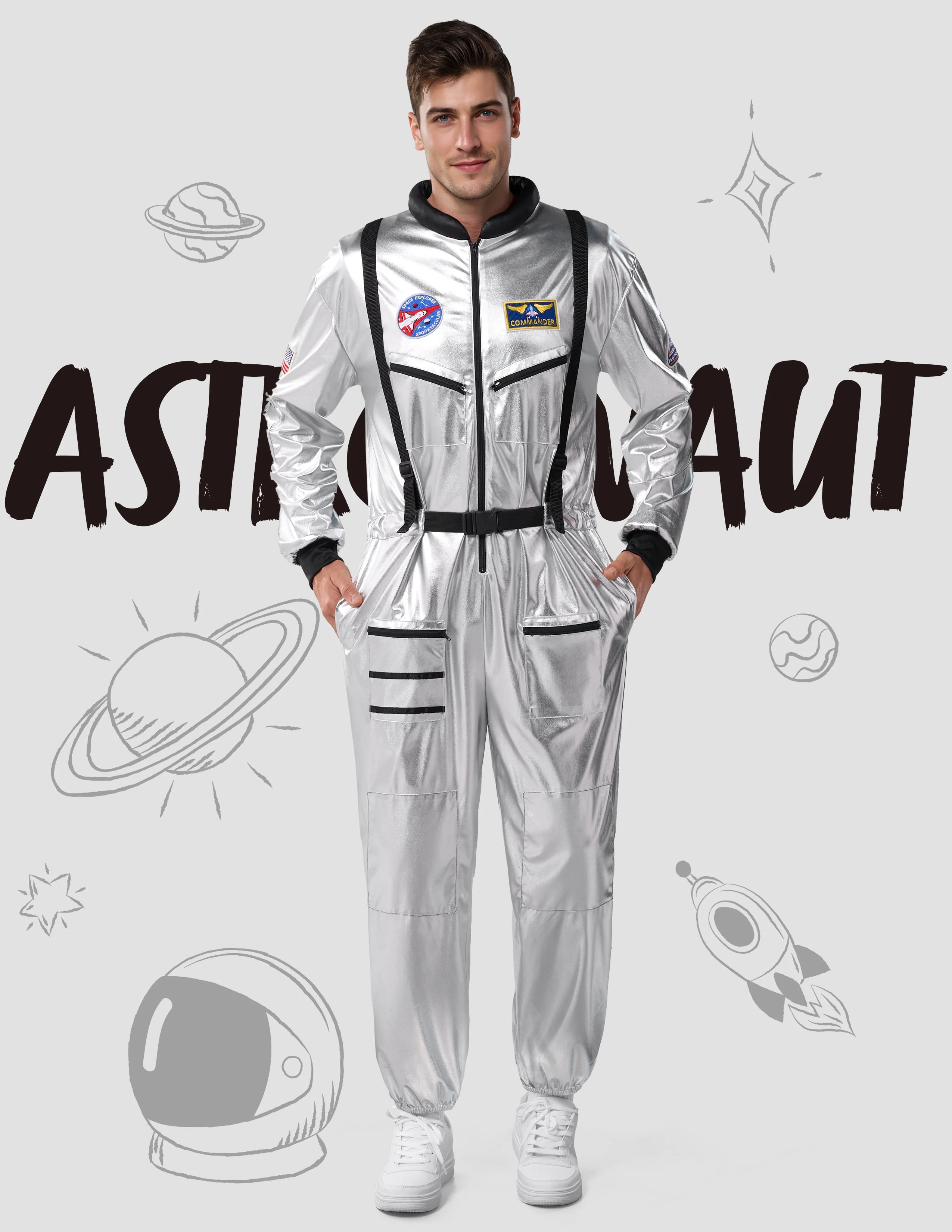 Joyfy Adult Men Astronaut Costume Halloween Spaceman Costume Silver Space Suit Spaceman Jumpsuit Pilot Outfit for Halloween Party Cosplay - Image 3 Joyfy Adult Men Astronaut Costume Halloween Spaceman Costume Silver Space Suit Spaceman Jumpsuit Pilot Outfit for Halloween Party Cosplay - Image 3