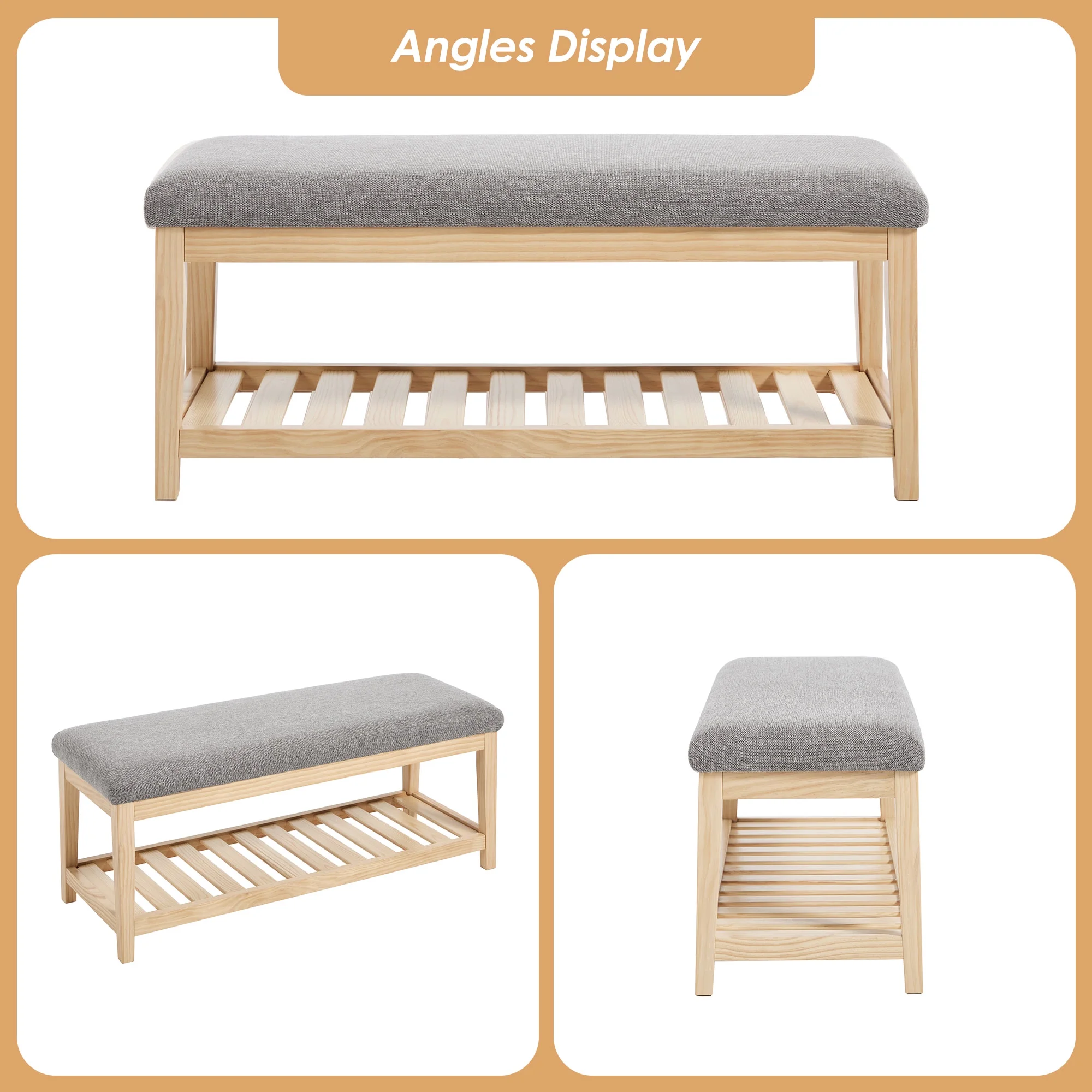 Zesthouse 42.9�?Shoe Bench with Storage, Entryway Bench for Living Room, Bedroom and Hallway, Linen Fabric Upholstered Bench with Solid Wood Shelf, Gray - Image 7