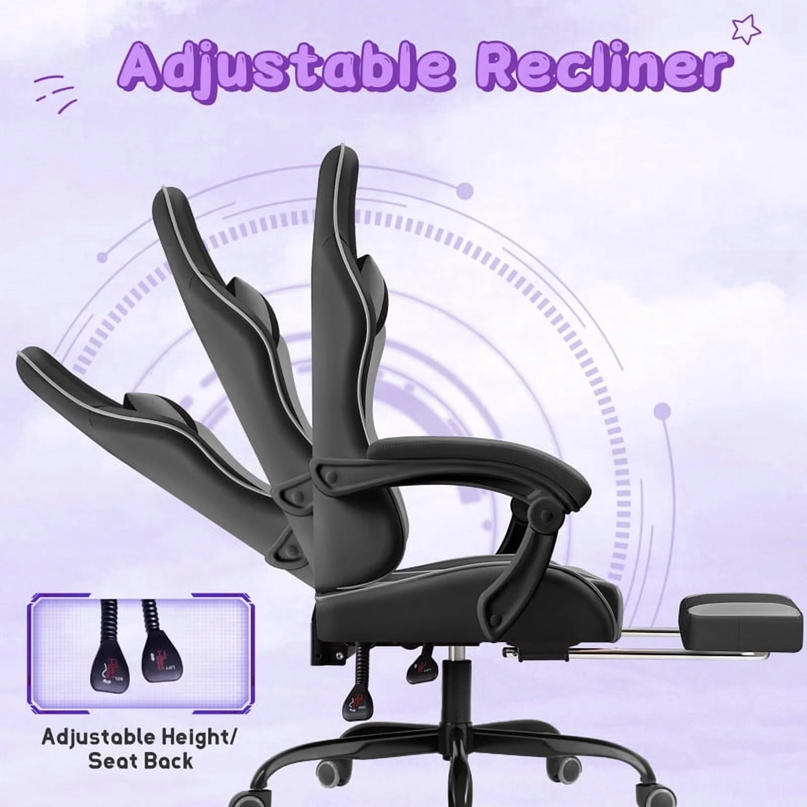 Lacoo PU Leather Gaming Chair Massage Ergonomic Gamer Chair Height Adjustable Computer Chair with Footrest & Lumbar Support, White - Image 35