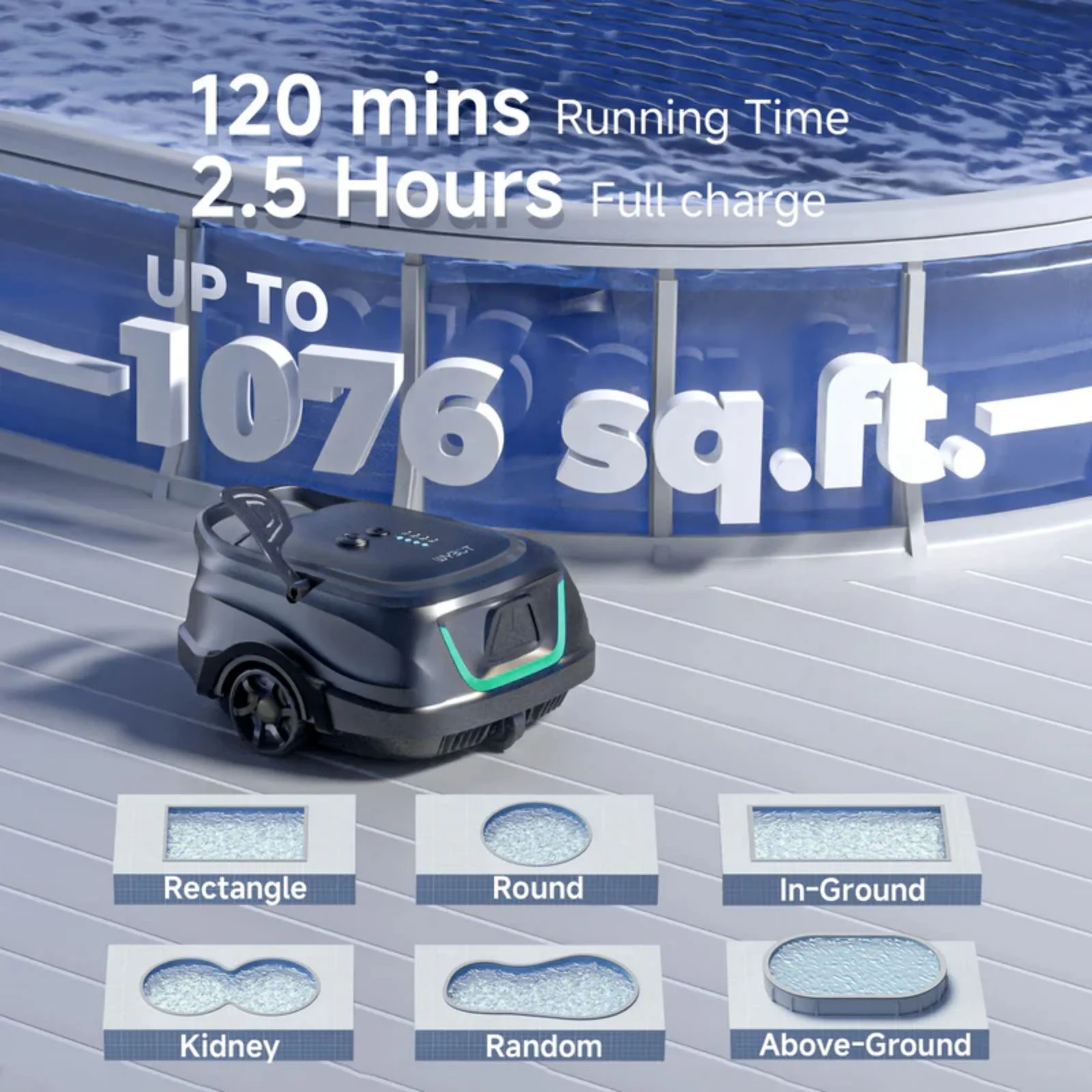 2025 New Upgraded WYBOT A1 Cordless Robotic Pool Vacuum Cleaner - Floor-Only Cleaning for Above Ground Flat-Bottom Pools (Up to 1,076 sq. ft), 120-Min Runtime, Black Green