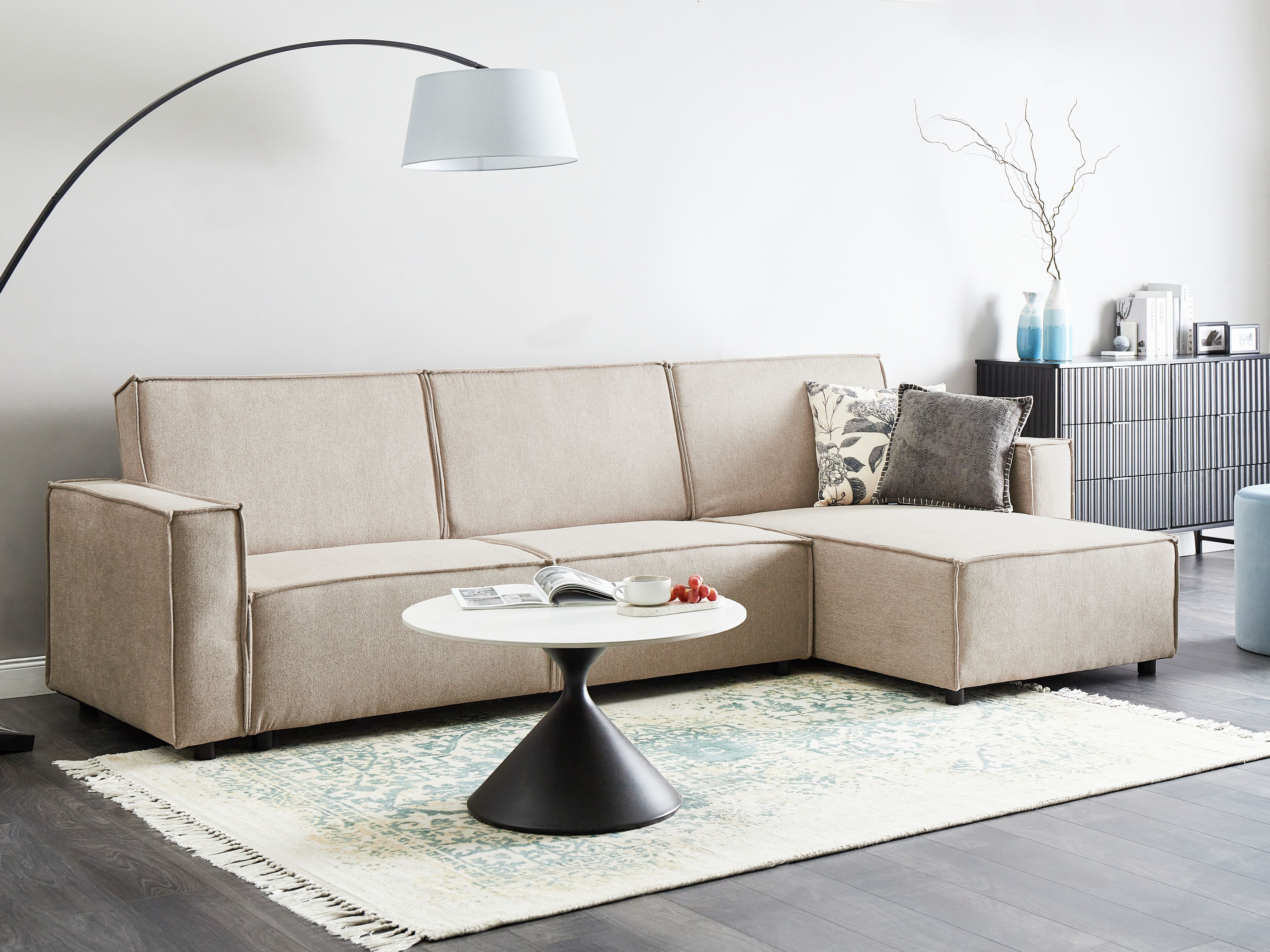 Corner Sofa Bed 3 Seater ROMEDAL II Fabric Beige Left Hand