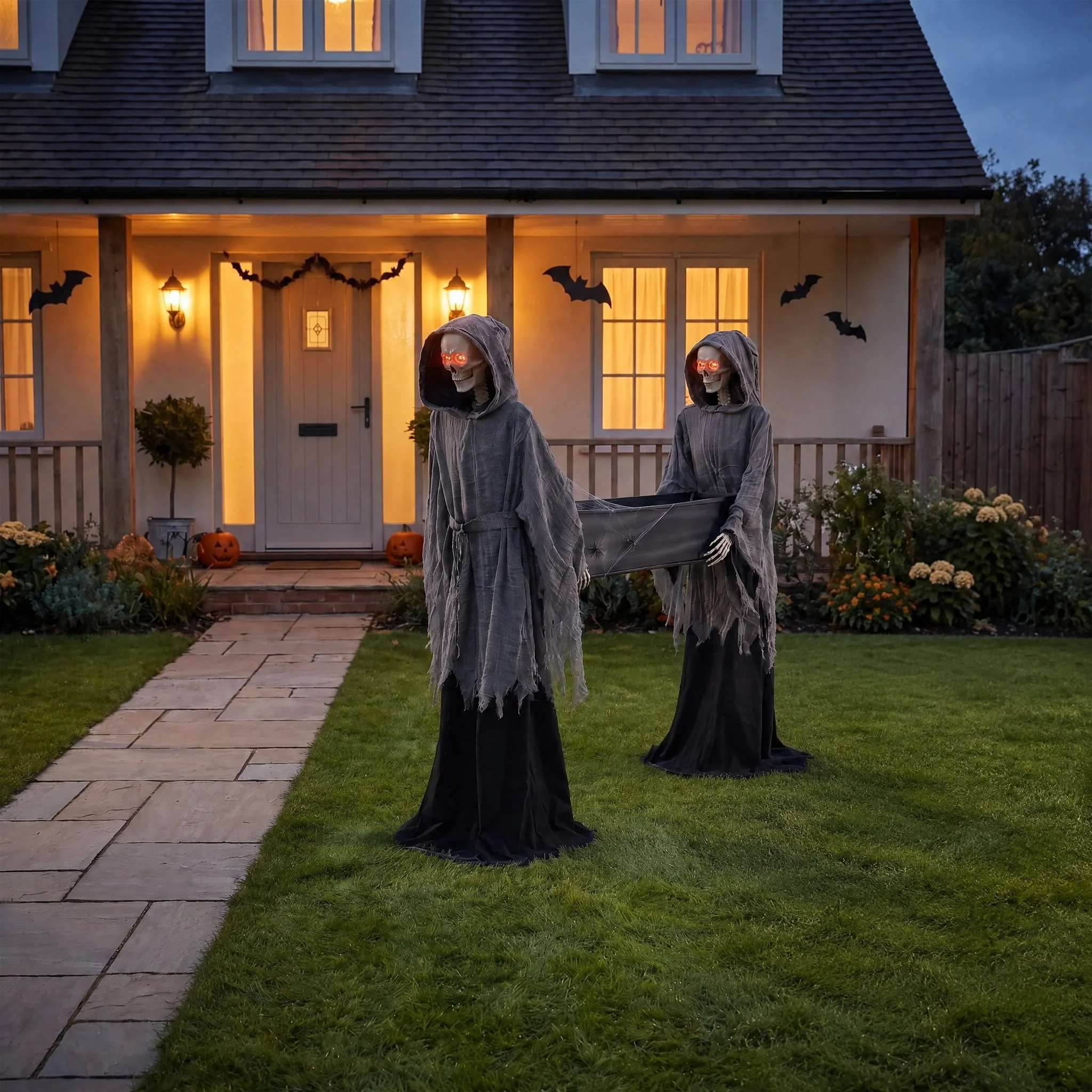 Way To Celebrate 5 ft LED Skeleton Reaper Duo Carrying Coffin Halloween Outdoor Decor - Image 2 Way To Celebrate 5 ft LED Skeleton Reaper Duo Carrying Coffin Halloween Outdoor Decor - Image 2