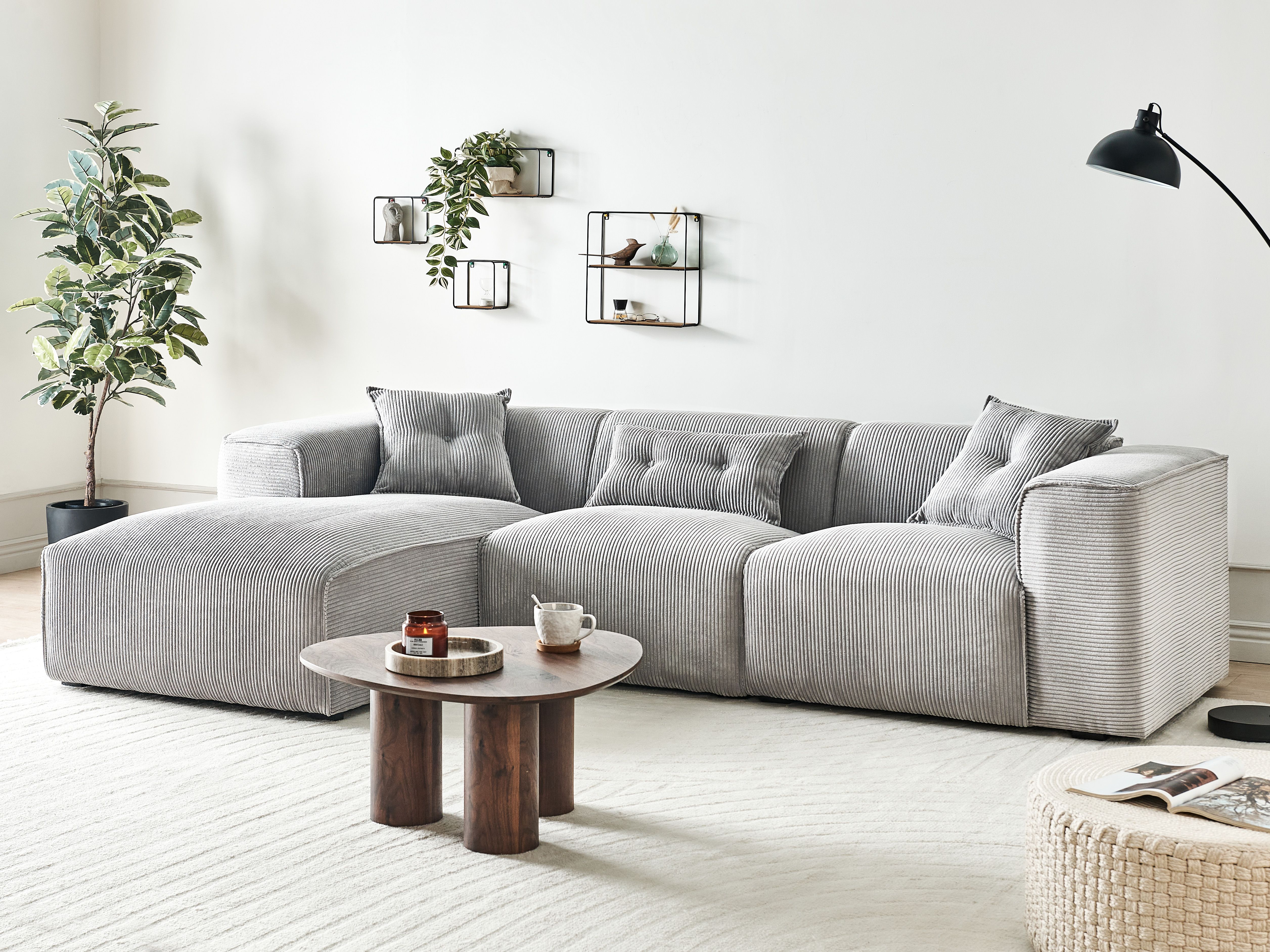 Corner Sofa 3 Seater DOLVA Corduroy Light Grey Right Hand