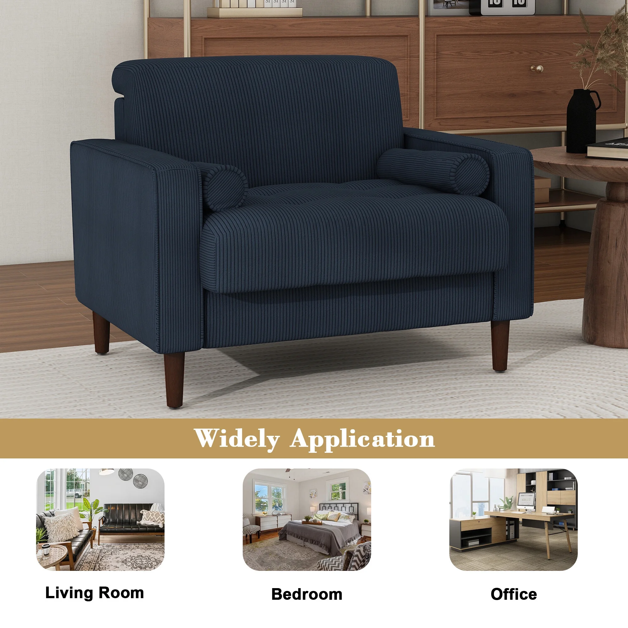 UIXE Corduroy Accent Chair Modern Upholstered Arm Chairs Comfy Reading Armchair with Pillow Armrest Tufted Living Room Single Sofa Lounge Seat, Yellow - Image 25
