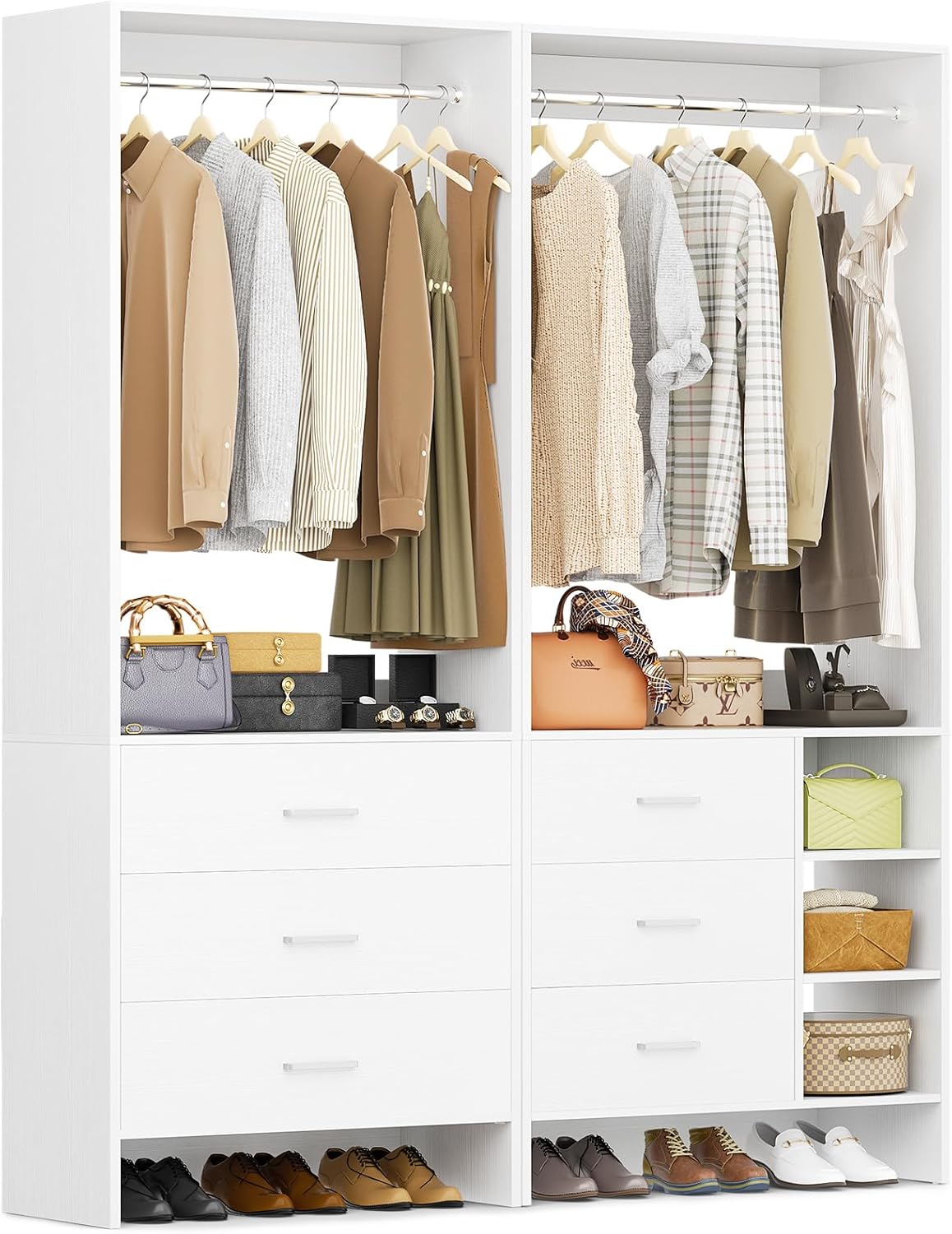 Aheaplus Closet System with 6 Drawers, 4.5ft Wood Closet Organizer System, Walk-in Closet or Small Closets Wardrobe, Clothes Rack with Hanging Rods, Set of 2, White