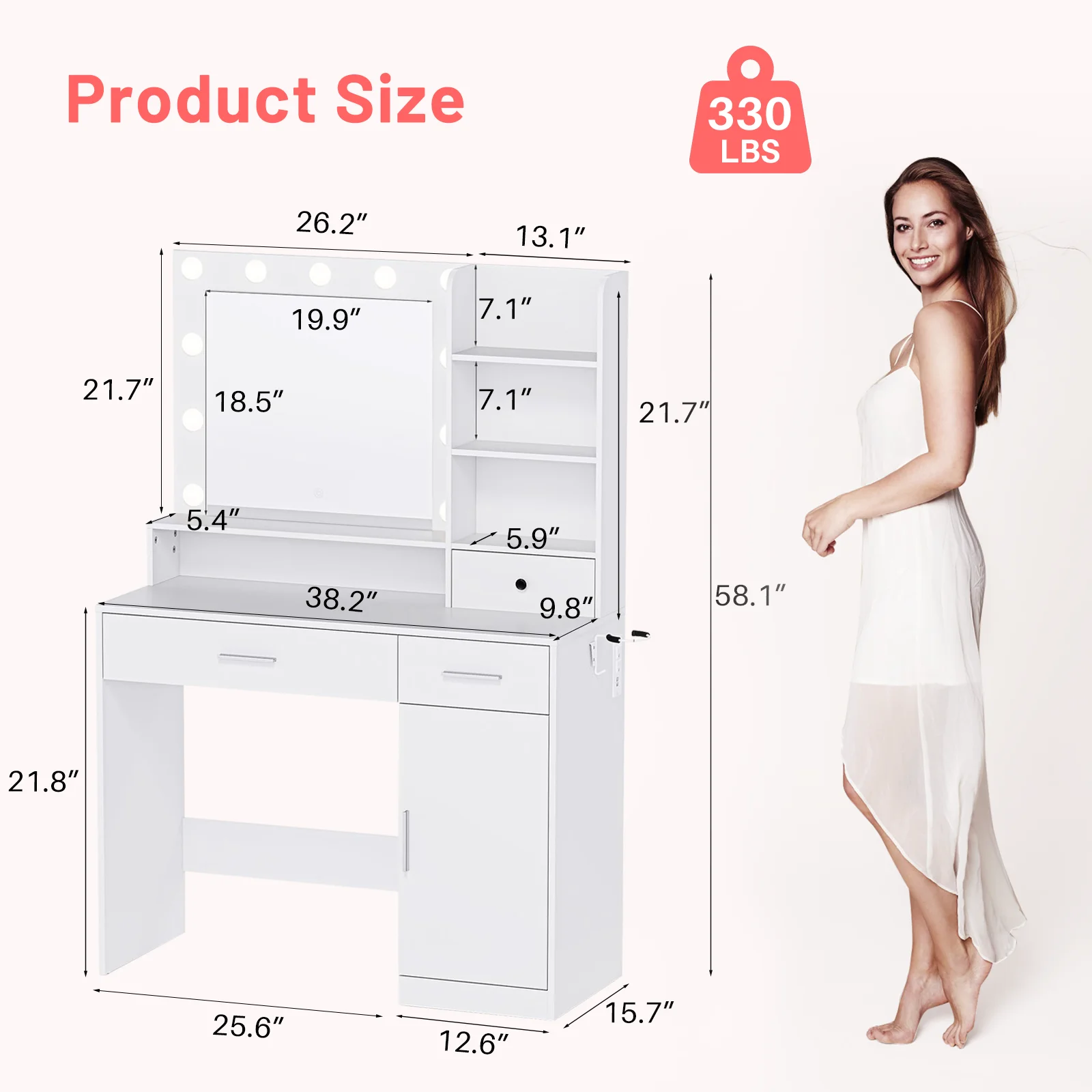 Blorly White Vanity Desk with Mirror, Makeup Vanity Table with LED Lights and Power Outlet, 3 Drawer, 4 Shelves, 1 Cabinet - Image 11