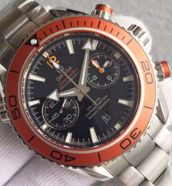 Replica Omega Planet Ocean 45mm Chrono Orange Bezel Black Dial SS Bracelet A7750 - Top club