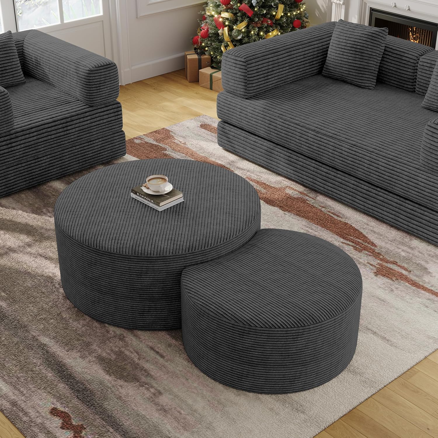 BSHOMGI Nesting Coffee Table Set of 2, Round Corduroy Modular Sectional Sofa Stool Circle Foam Side Table for Living Room, Entryway and Small Spaces No Assembly (Dark Gray, 32