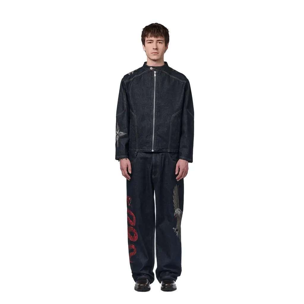 "hellboy" indigo raw denim Biker jacket