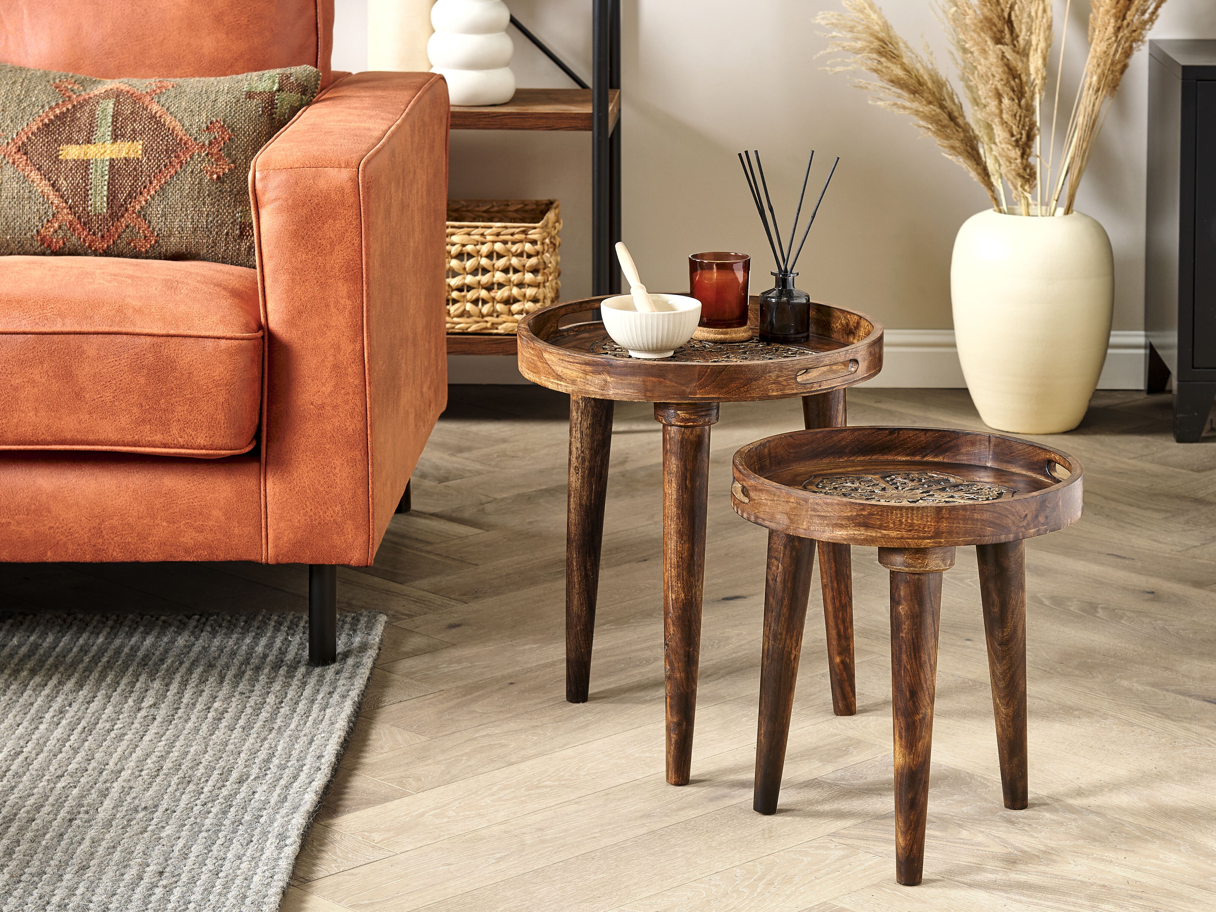 Set of 2 Side Tables ASTAI Mango Wood Dark Brown