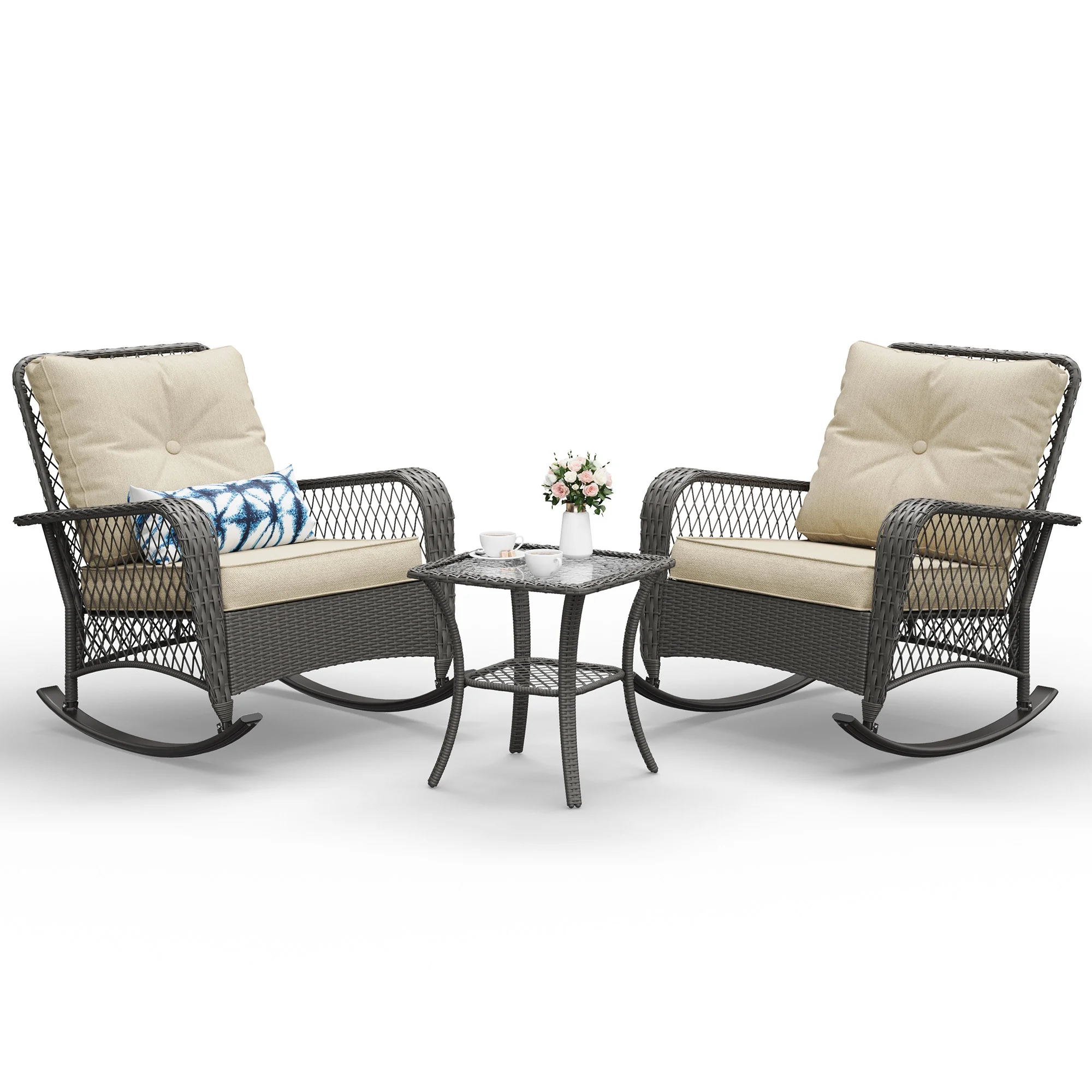ELPOSUN 3-Piece Outdoor Rocking Chairs, Wicker Patio Furniture with Thickened Cushions and Table for Porch - Image 41