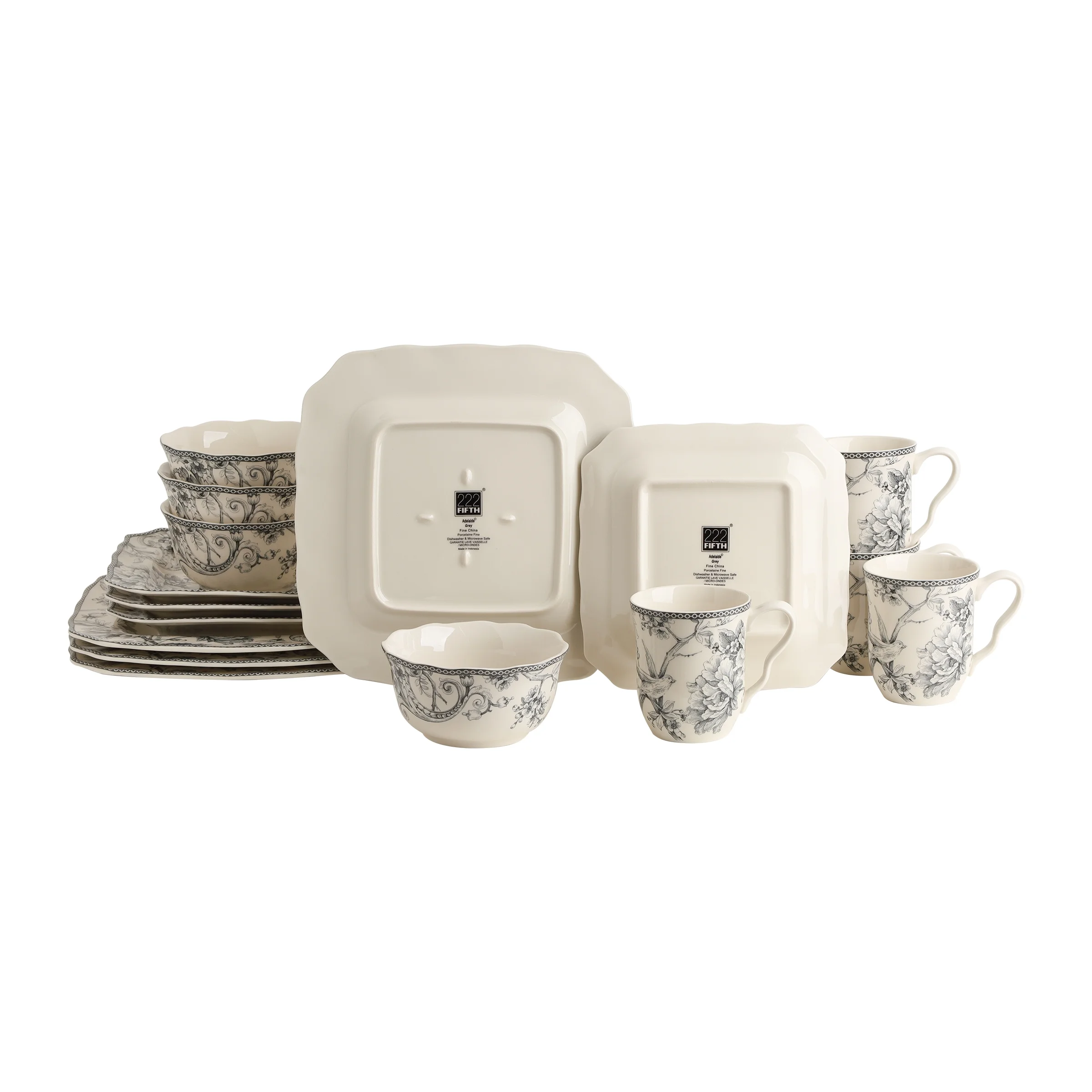 222 Fifth Adelaide Round 16-Piece Porcelain Dinnerware Set, Black Toile - Image 29