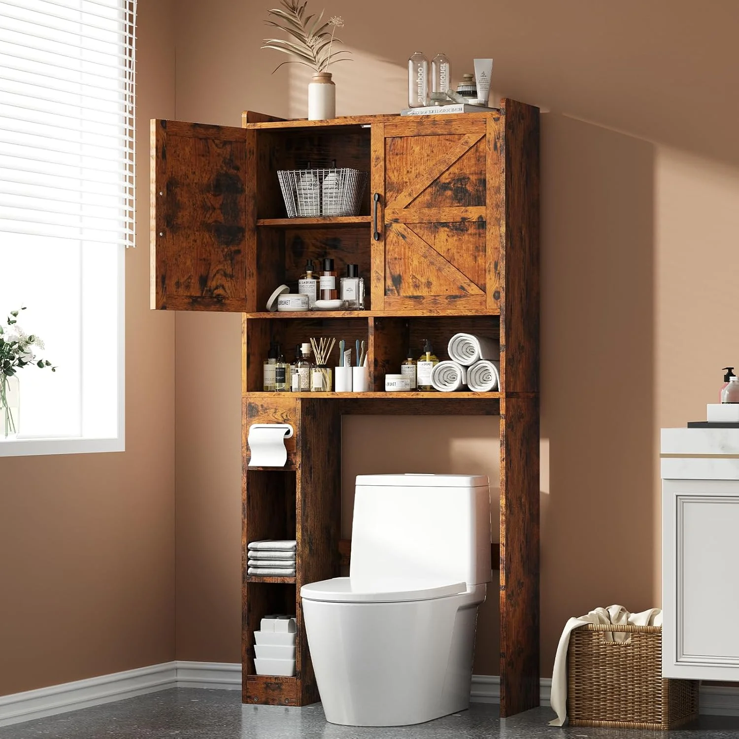 Selooye Over The Toilet Storage Cabinet, 32'' Farmhouse Storage Cabinet Over Toilet with 2 Barn Door, Toilet Paper Holder Stand and Adjustable Shelves, Toilet Rack for Bathroom, Restroom, Laundry