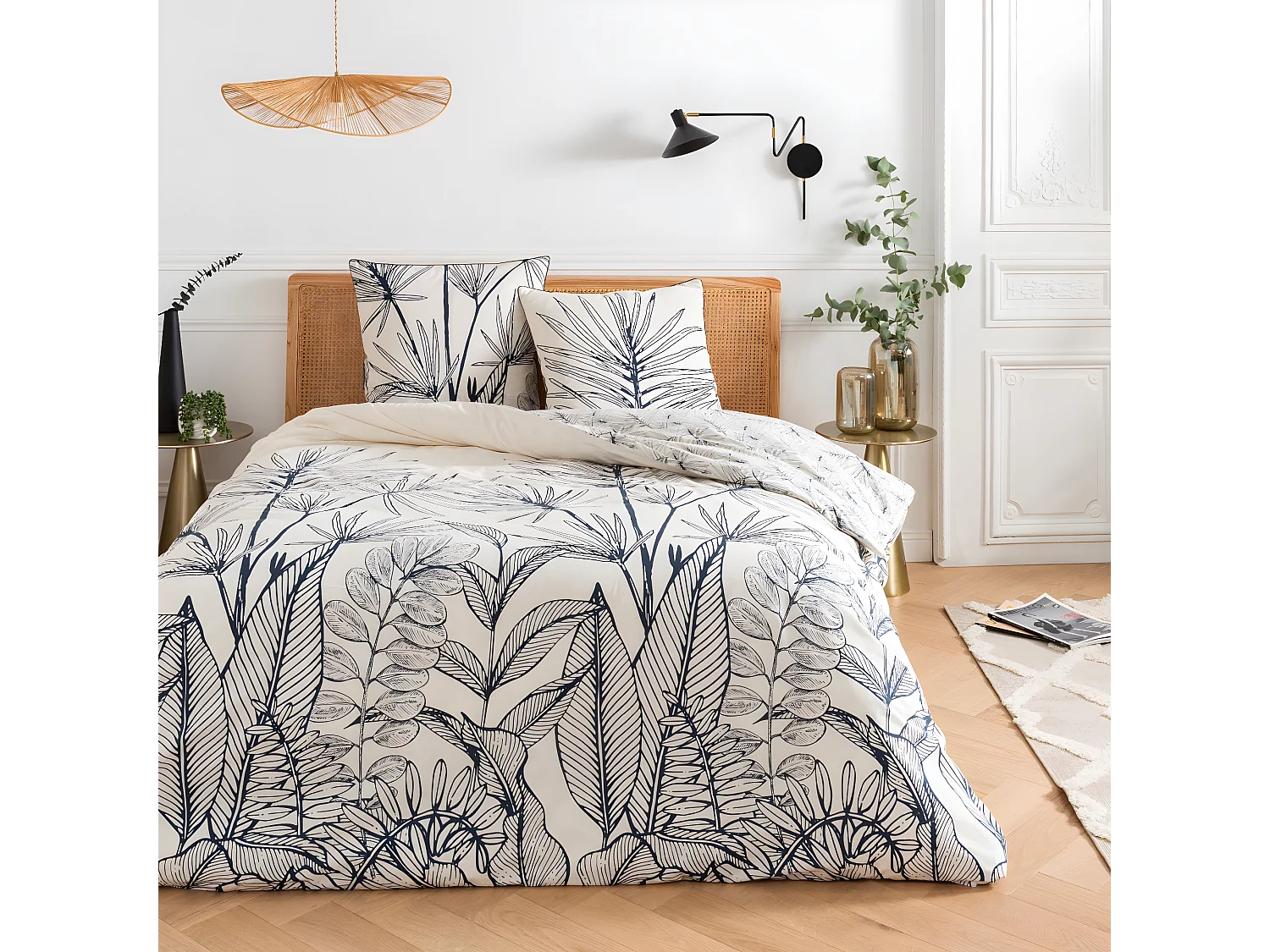Parure de lit 2 personnes en coton 57 fils imprimé blanc 240x220cm